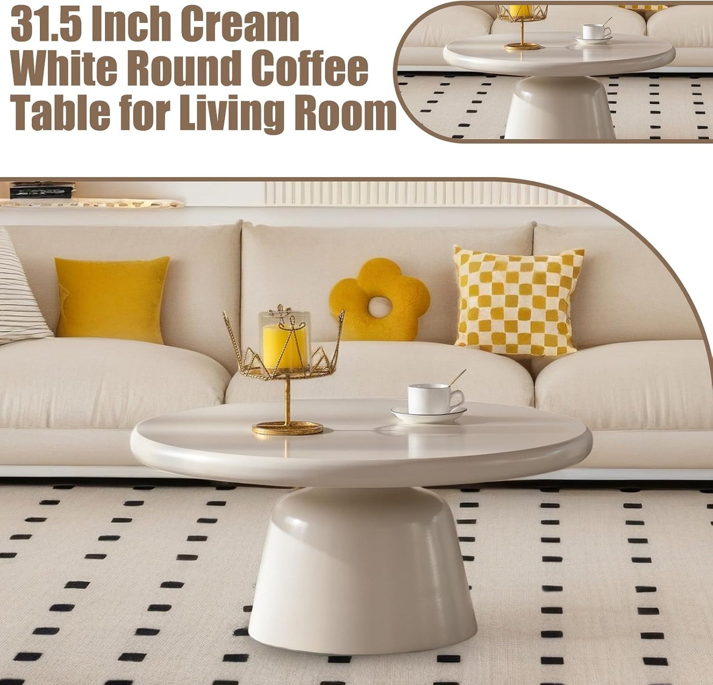 White Round Coffee Table (G White 31.5in) | Modern Unique Coffee Table for Living Room，Round Pedestal Center Table for Farmhouse