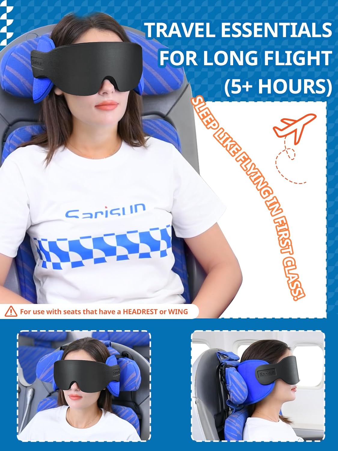 SARISUN Travel Pillow for Airplanes, Airplane Pillow for Long Flight, Neck Pillow with Eye Mask for Sleeping, Portable Travel Pillow for Car Road Trip Headrest, Stop Bobblehead, Grey