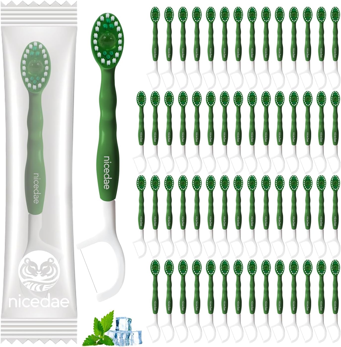 Disposable Mini Travel Toothbrush Bulk with Toothpaste 5in1 60Ct Portable Toothbrushes Set Floss Pick Tongue Scraper Cruise and Travel Essentials (Green)