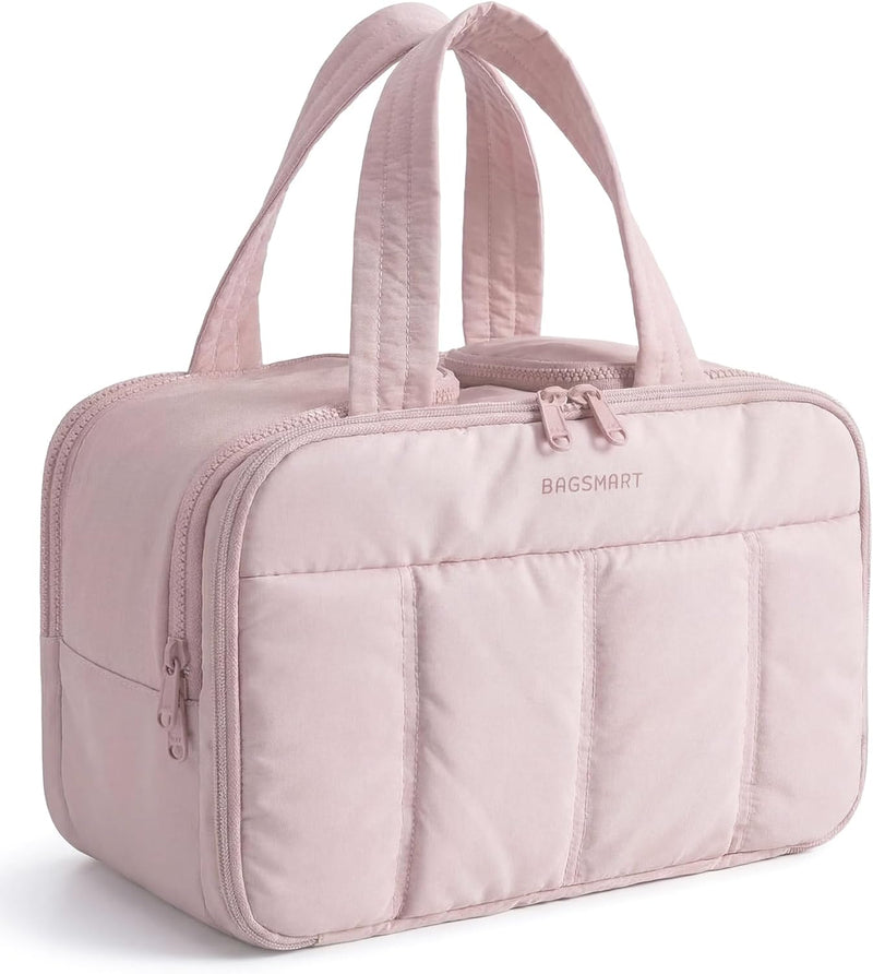BAGSMART Travel Toiletry Bag, Puffy Large Toiletry Bag for Women, Lightweight Cosmetic Makeup Bag Organizer with Handle for Traveling, Accessories, Essentials, Toiletries (Pink)