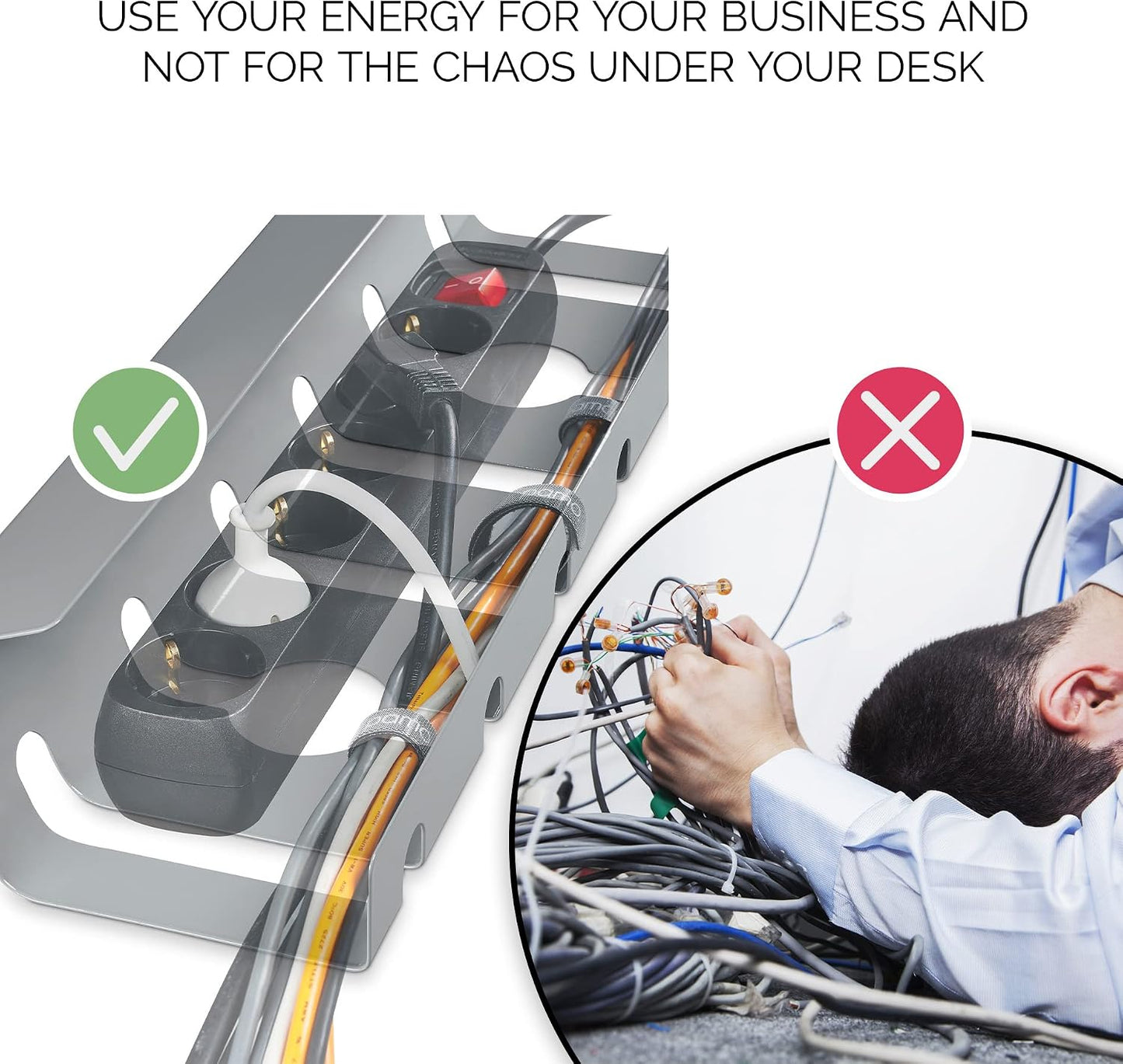 PAMO Cable Management Under Desk, Set of 3 - Grey/Silver | Easy under-table mounting keeps cables organized, includes 10 cable ties for a clean and tidy office or home workspace.