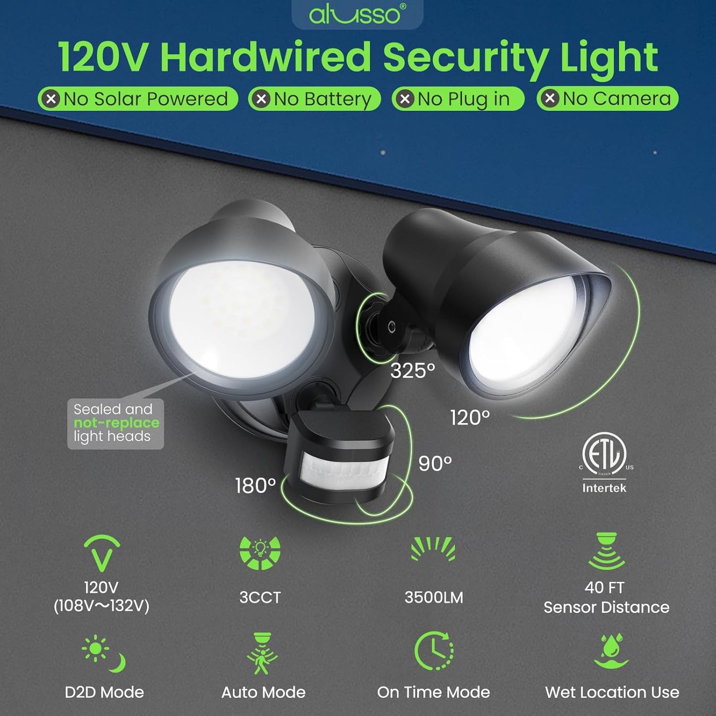 ALUSSO Motion Sensor Outdoor Lights, 30W 3500LM Flood Lights Outdoor 120V, 3 Modes (Dusk to Dawn/Auto/On Time), 3CCT 3000K/4000K/6500K Waterproof Hardwired Security Light ETL Listed for Porch, 1PC