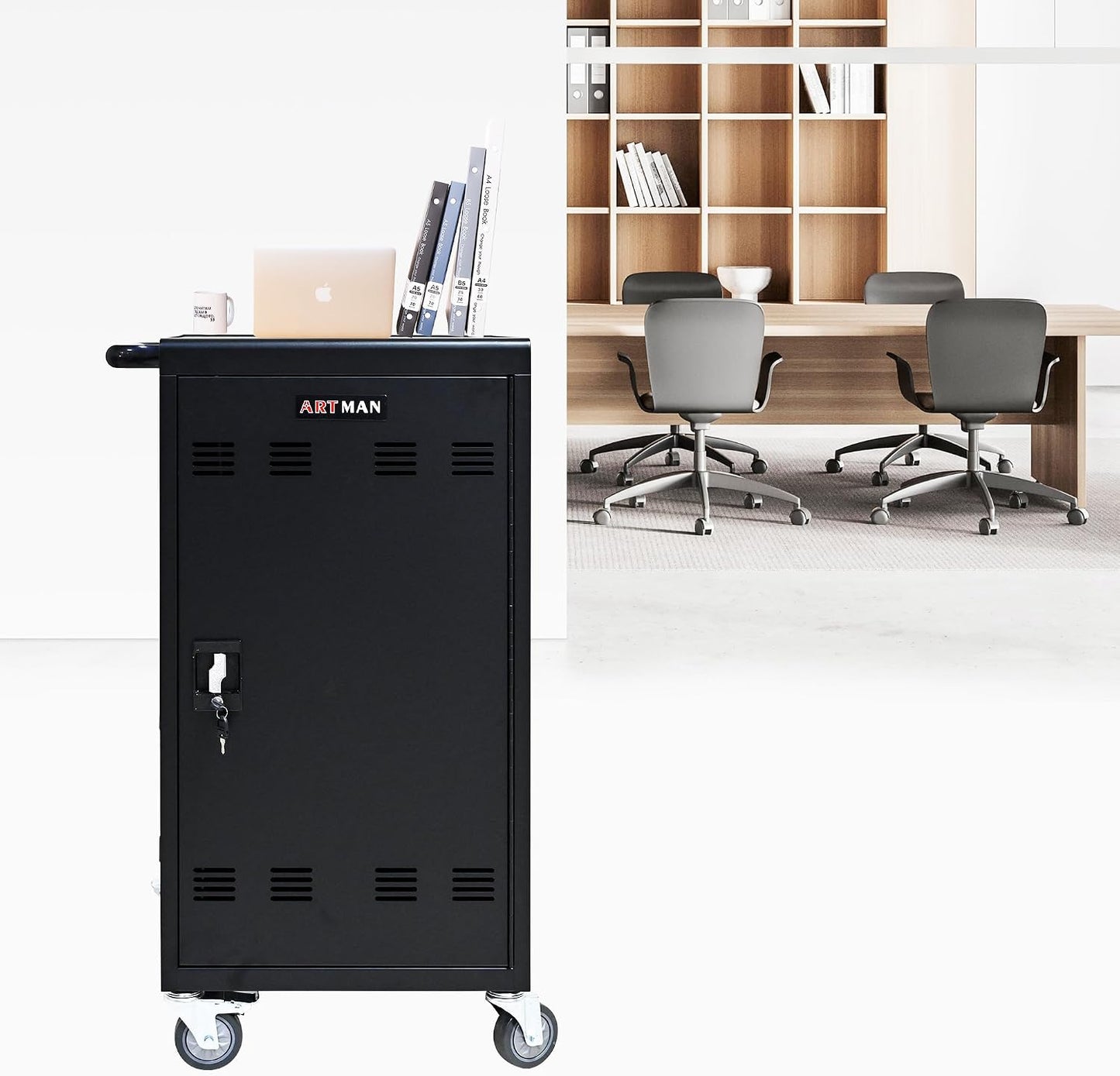 45-Device Mobile Charging Cart Up to 16.3" Locks Black | with Charging Power Strip Front & Rear Locks Cable Management Safe Charging Cabinet for Ipads, Chromebooks, Tablets, Laptops