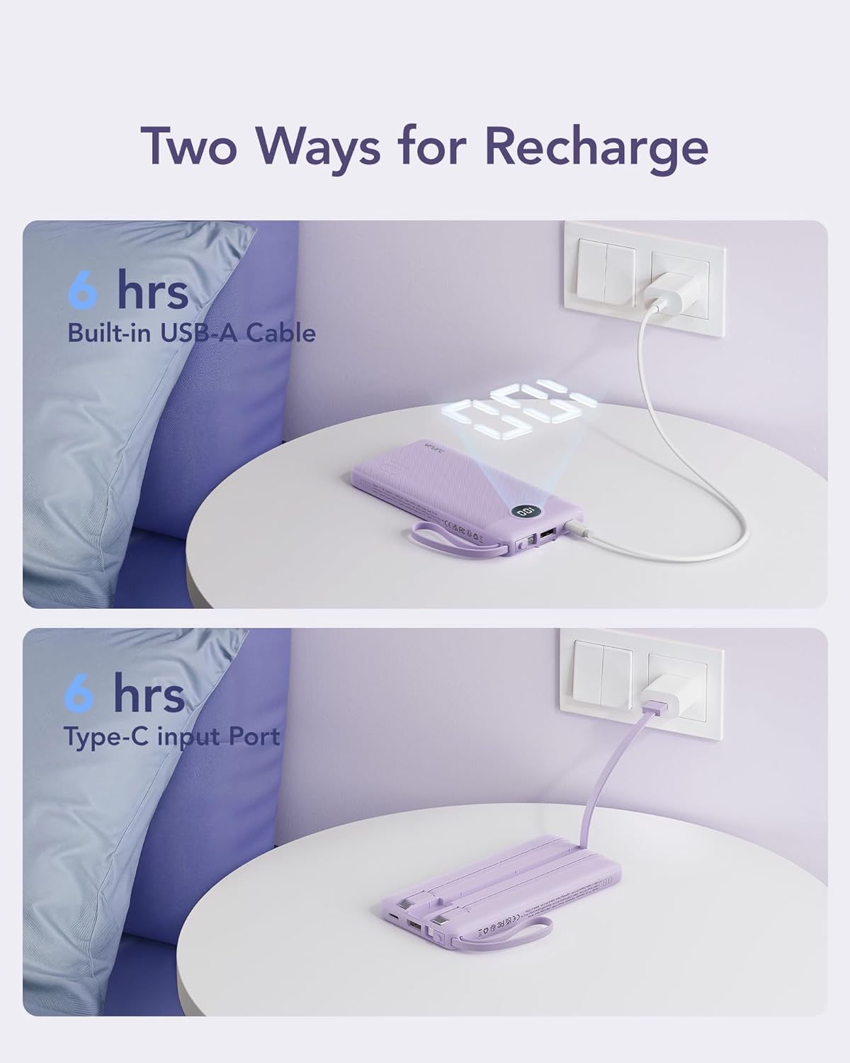 VRURC Portable Charger Power Bank, USB C Battery Pack 10000mAh, Flight-Safe Travel Essentials, 5 Outputs 2 Inputs Slim Phone Charging Bank Built-in Cables for Multi Devices-Lavender(1 Pack)