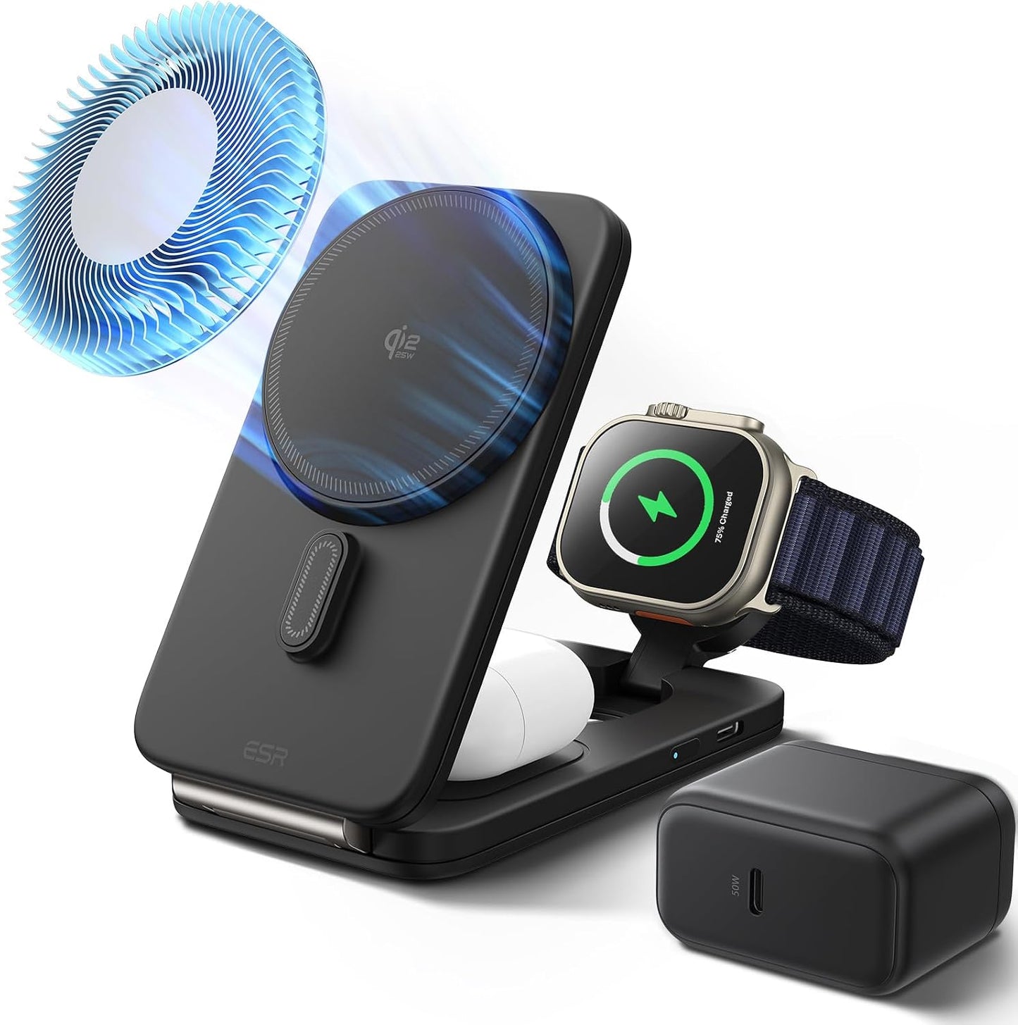 ESR 3 in 1 Charging Station, Qi2.2 Certified for iPhone 17/16 with iOS 26 | 25W Foldable Wireless Charger Stand w/Cryoboost,Phone Cooling Fast Charging Dock,for AirPods & Apple Watch,50W Adapter, Black