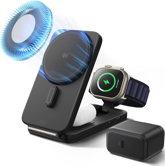 ESR 3 in 1 Charging Station, Qi2.2 Certified for iPhone 17/16 with iOS 26 | 25W Foldable Wireless Charger Stand w/Cryoboost,Phone Cooling Fast Charging Dock,for AirPods & Apple Watch,50W Adapter, Black