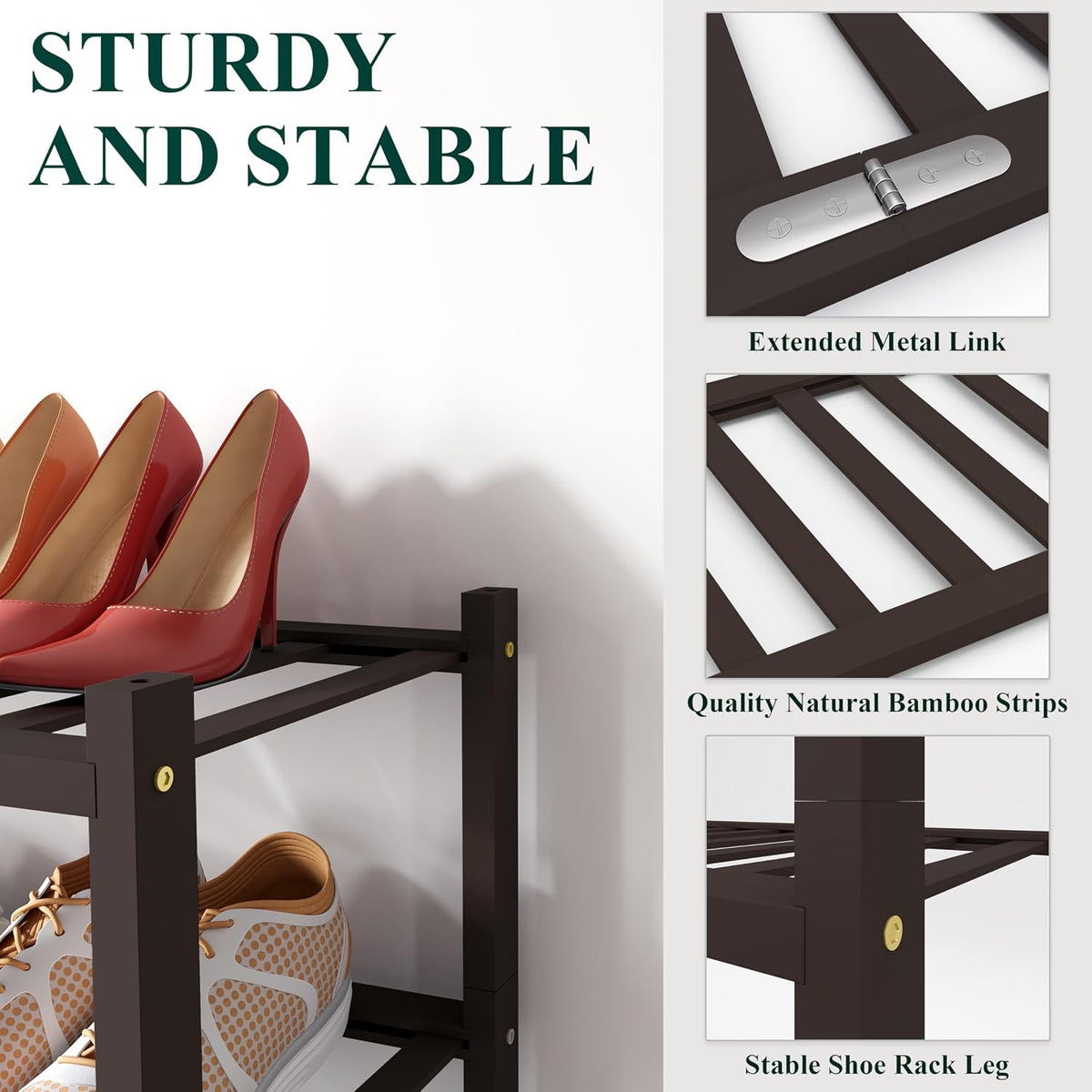 Smiry Bamboo Shoe Rack, 16 Vertical Slats, 4 Tier - 33.7" Wide, Brown