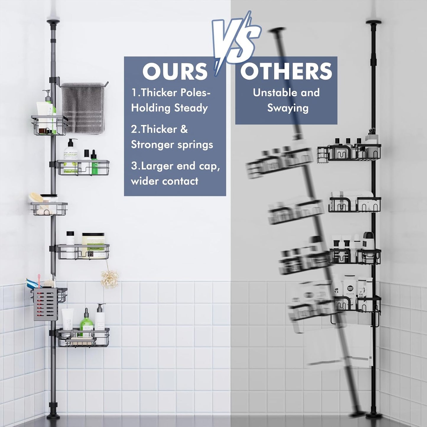 Vatex Corner Shower Caddy Tension Pole,30-120 Inch Adjustable Shower Organizer, 6-Tier Shower Shelves with Towel Rack/Toothbrush Holder/Soap Dish, Bathroom Corner Storage Rust-Resistant