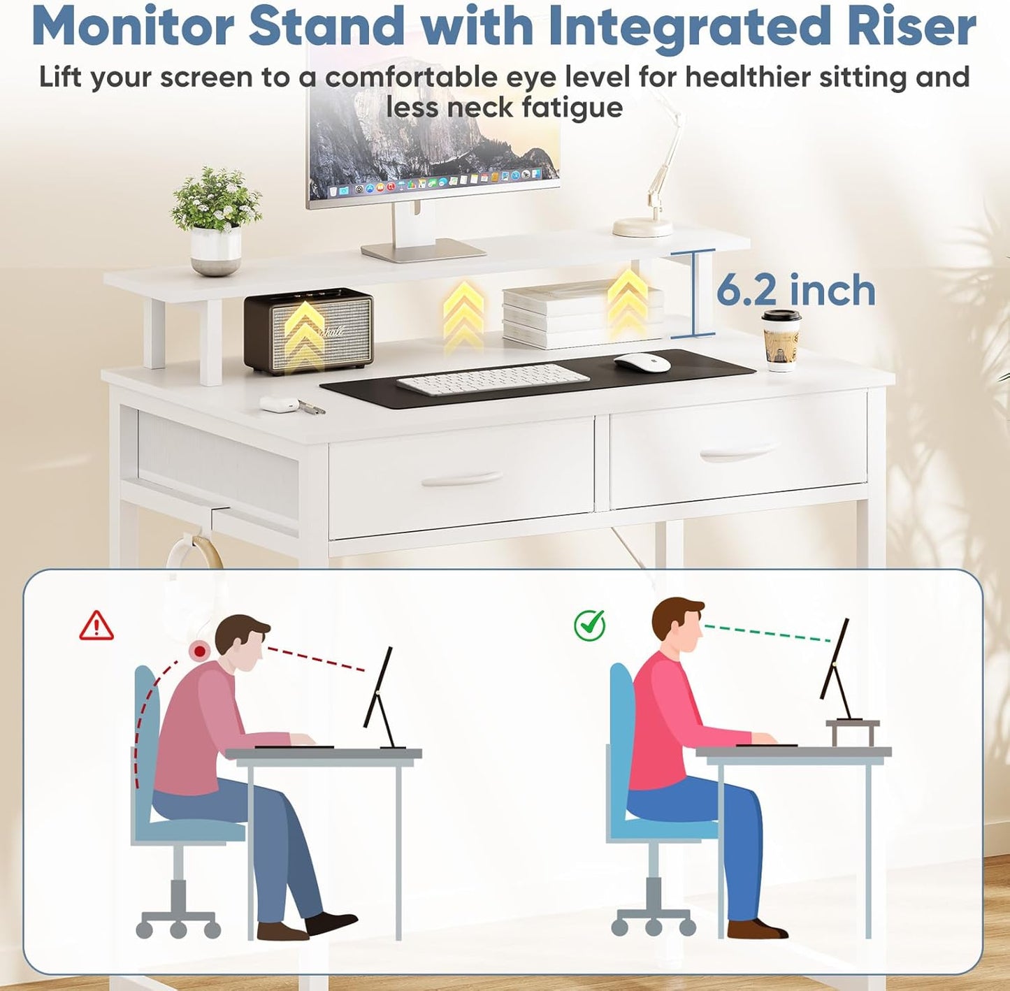 DUMOS 31.5" x 19.7" Compact Computer Desk with Monitor Stand and 2 Drawers, Small Writing Desk with Drawers for Home Office, Study Table for Small Spaces, White