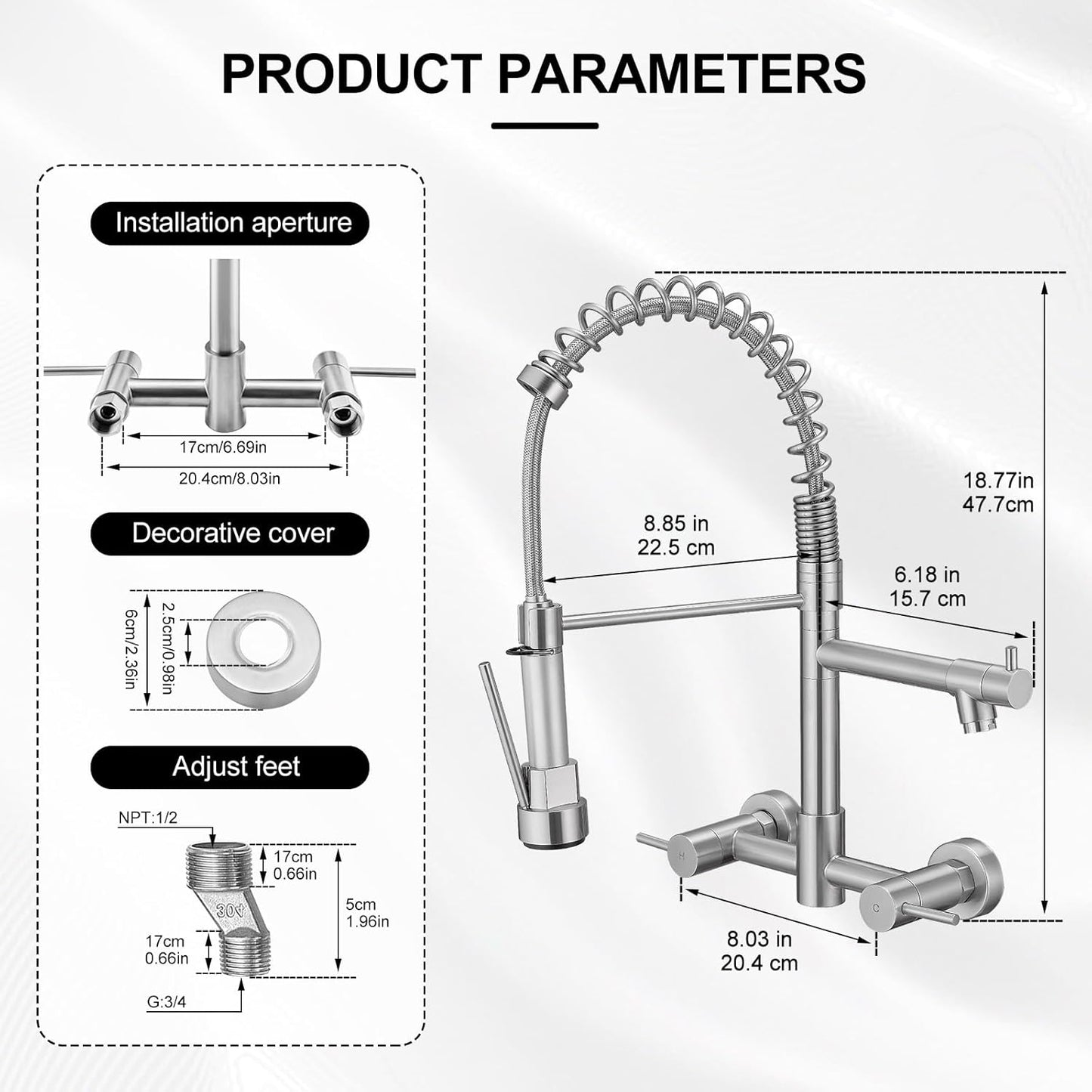 AIMADI Wall Mount Kitchen Faucet,Commercial Sink Faucet with Sprayer, Dual Handles Utility Sink Faucet for Kitchen Laundry Restaurant,Stainless Steel