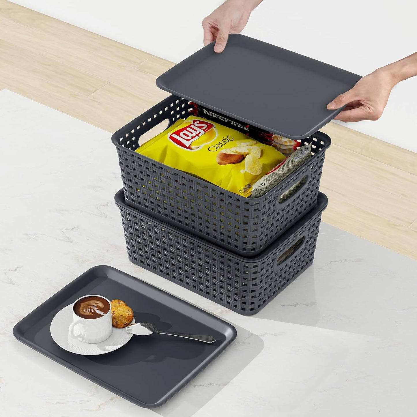 Xyskin Plastic Storage Baskets with Lids, Set of 6 Small Basket Bin