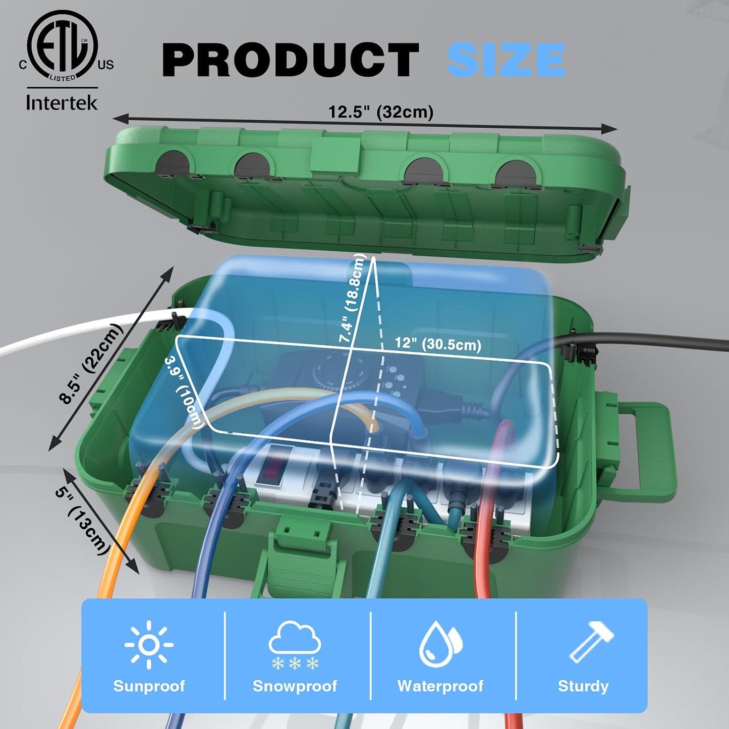 Flemoon Large Outdoor Electrical Box, Waterproof Extension Cord Cover | Inner Size 12 x 7.4 x 3.9 Inch, 6 Cable Entry Ports, IP54 Weatherproof Connection Box for Outlet, Timer, Holiday Light, Green