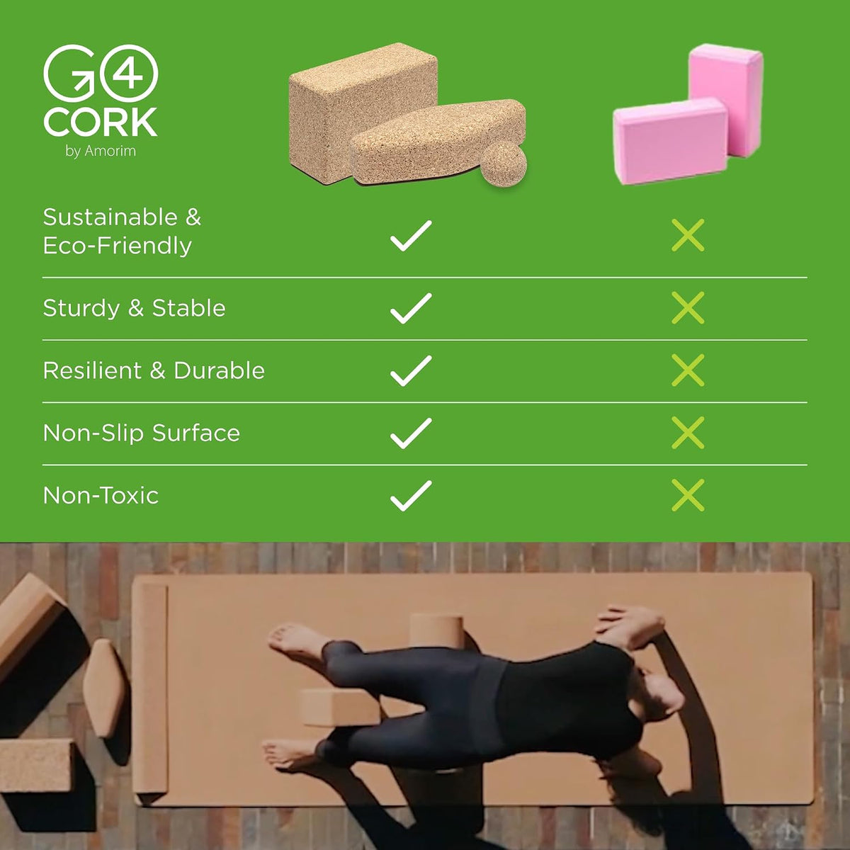 Go4Cork Cork Yoga Block | Non-Toxic, Alternative To Foam Yoga Blocks | Odorless, Soft, Non-Slip, Workout & Exercise | Yogi Gift Accessories | Men & Women | Eco Friendly, Sustainable