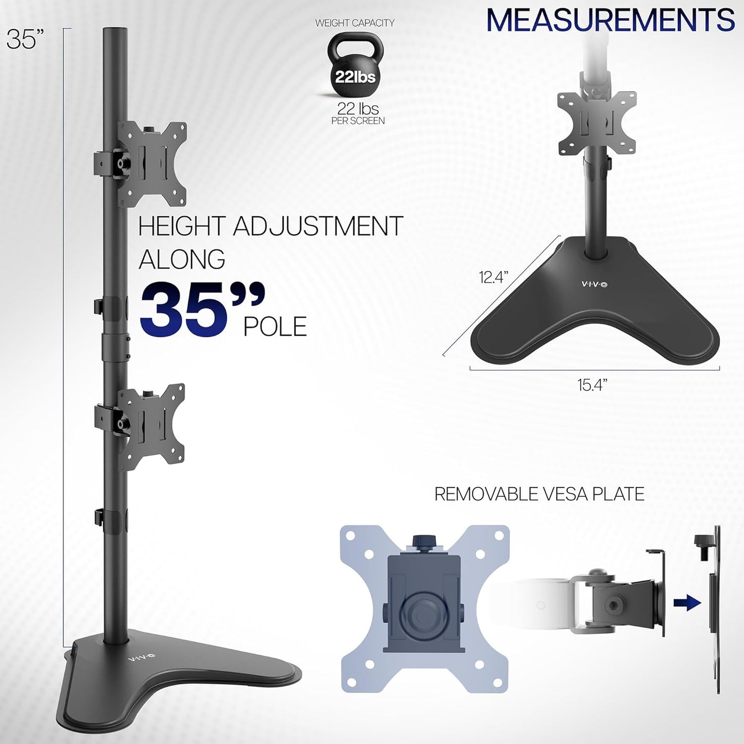 VIVO Dual Monitor Desk Stand Free-Standing LCD Mount, Holds in Stacked Vertical Position 2 Ultrawide Screens up to 34 inches, Black, STAND-V002L
