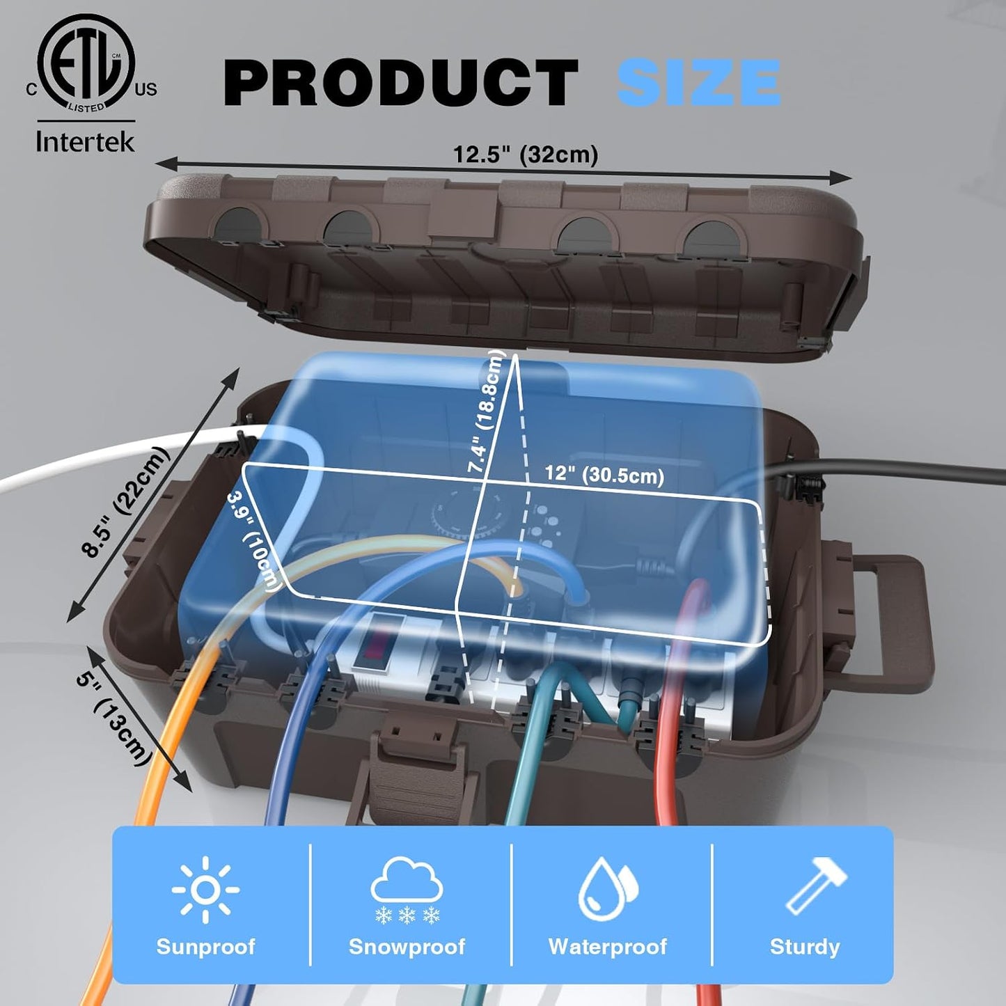 Flemoon Large Outdoor Electrical Box, Waterproof Extension Cord Cover | Inner Size 12 x 7.4 x 3.9 Inch, 6 Cable Entry Ports, IP54 Weatherproof Connection Box for Outlet, Timer, Holiday Light, Brown