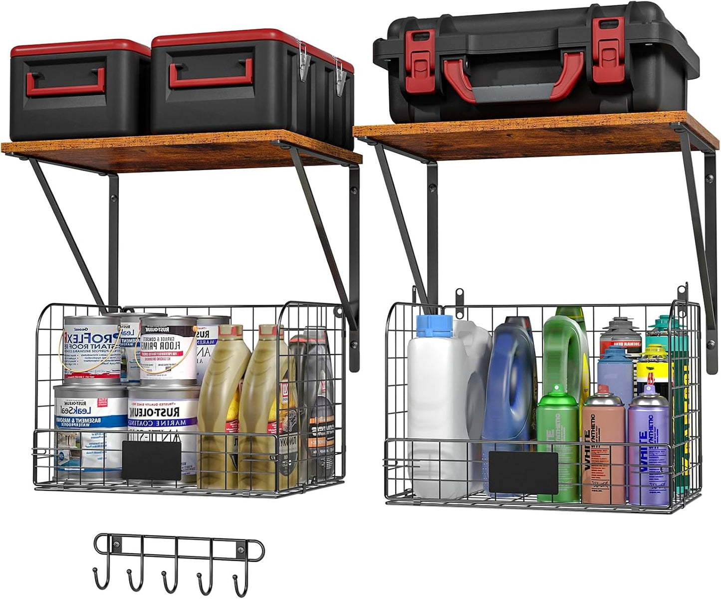 ThreeHio 2 Pack Garage Shelves Wall Mounted with Wire Baskets, Heavy Duty Garage Wall Shelving with Hooks, Wire Shelf Baskets Tool Organizer for Home Garden Garage Organization and Storage