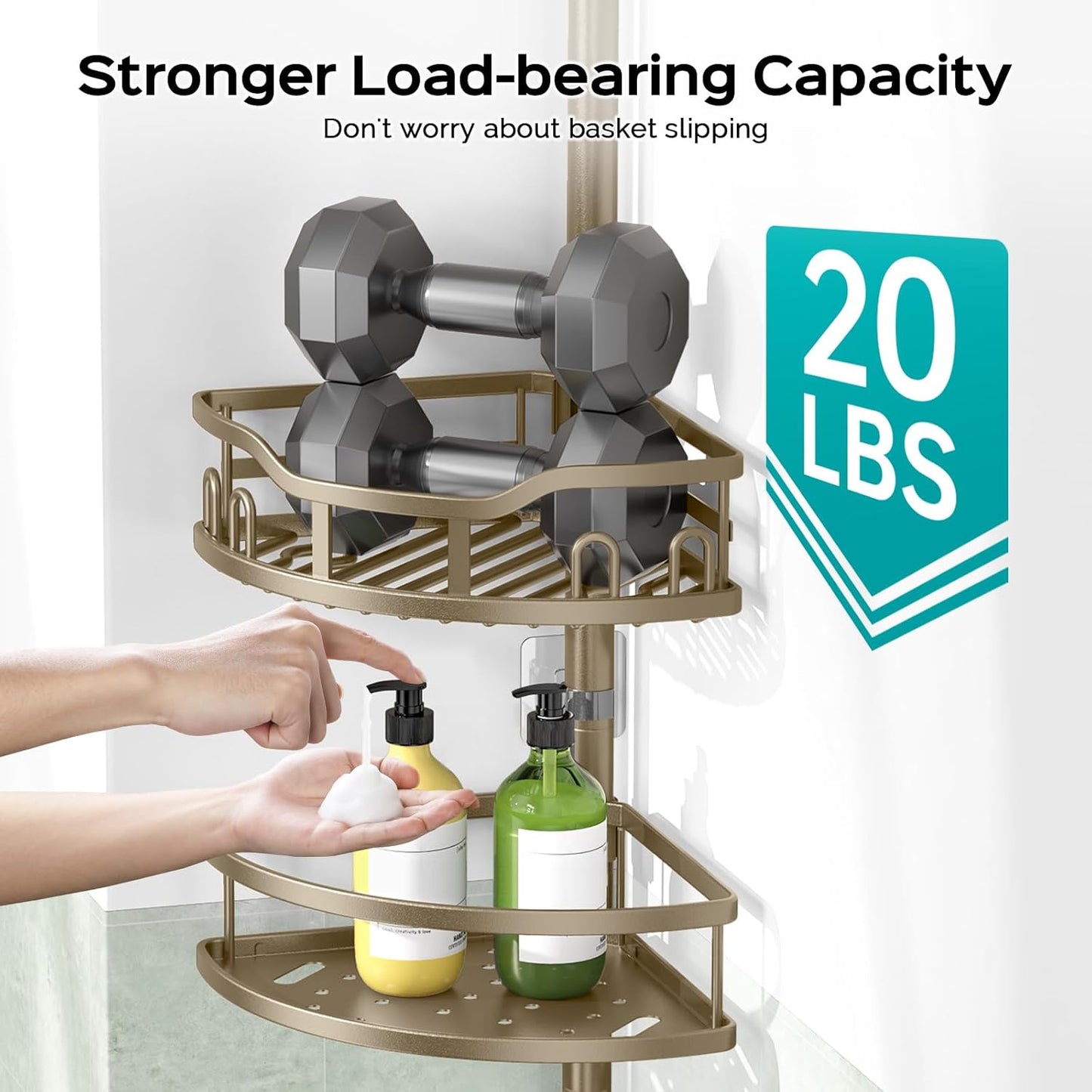 HAMITOR Corner Shower Caddy Tension Pole: Rustproof 4-Tier Bathroom Organizer Shelves for Bathtub Shampoo Storage - 47-121 Inch Quick Install Adjustable Rod Standing Rack with Soap Rack -Tan Khaki
