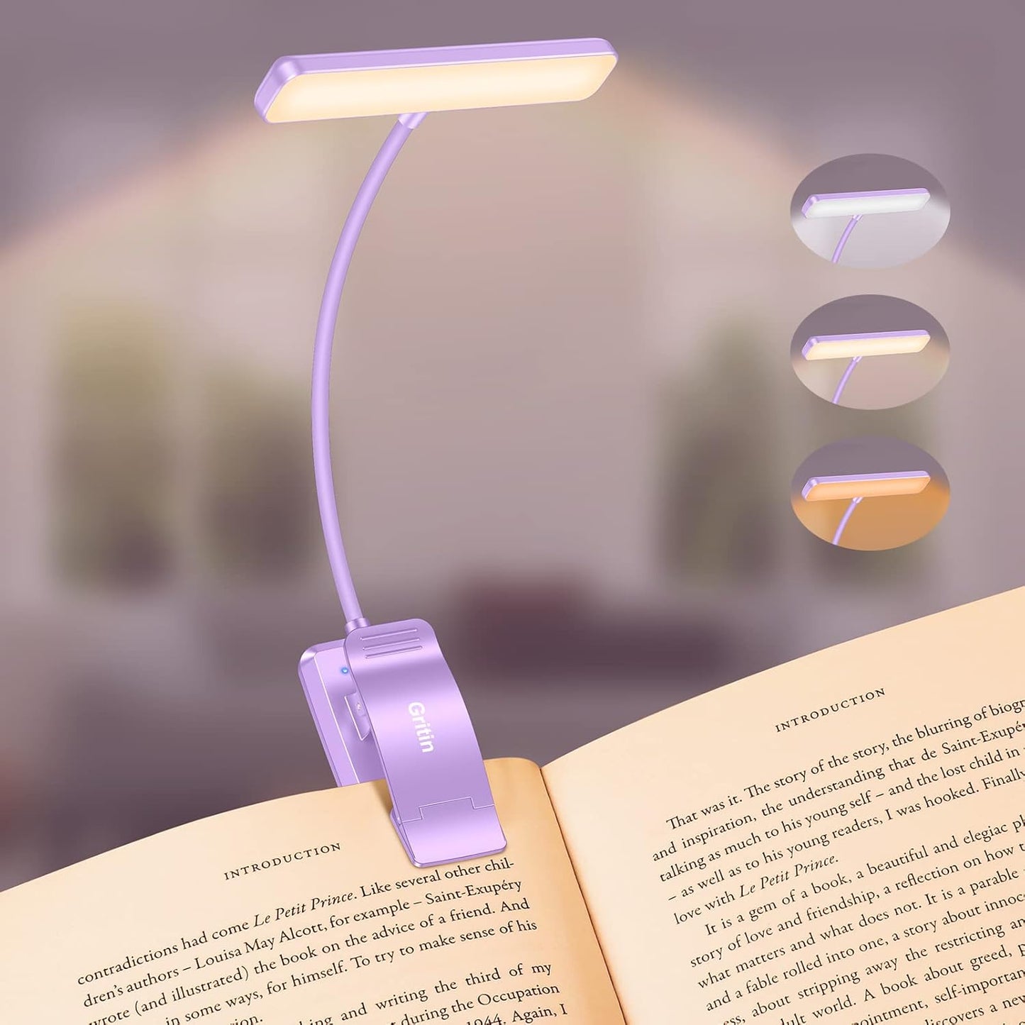 Gritin 19 LED Rechargeable Book Light for Reading in Bed with Memory Function- Eye Caring 3 Color Temperatures,Stepless Dimming Brightness,90 Hrs Runtime Clip on Light for Book Lovers-Purple