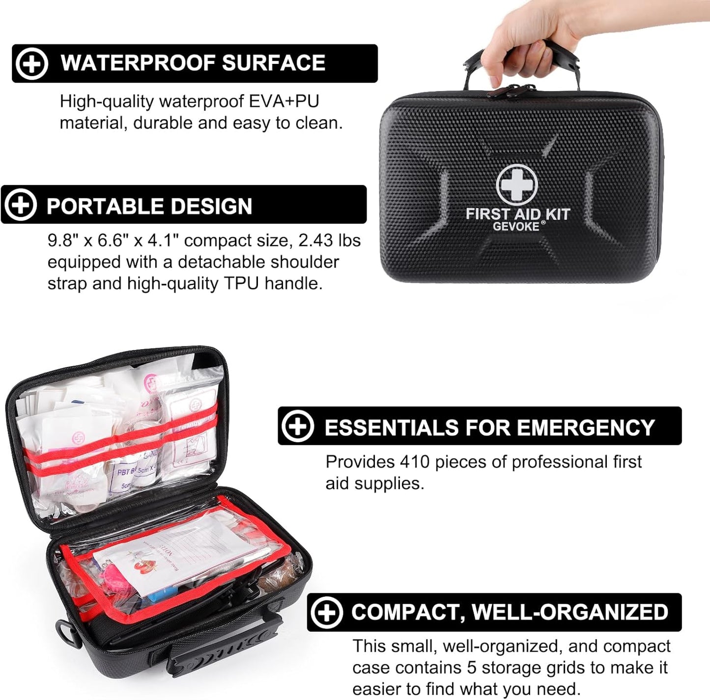 Gevoke 410 Piece Waterproof Hard Shell First Aid Kit for Home, Car, Travel, Camping, Truck, Hiking, Sports, Office, Vehicle & Outdoor Emergencies - Emergency Medical Kits (Black)