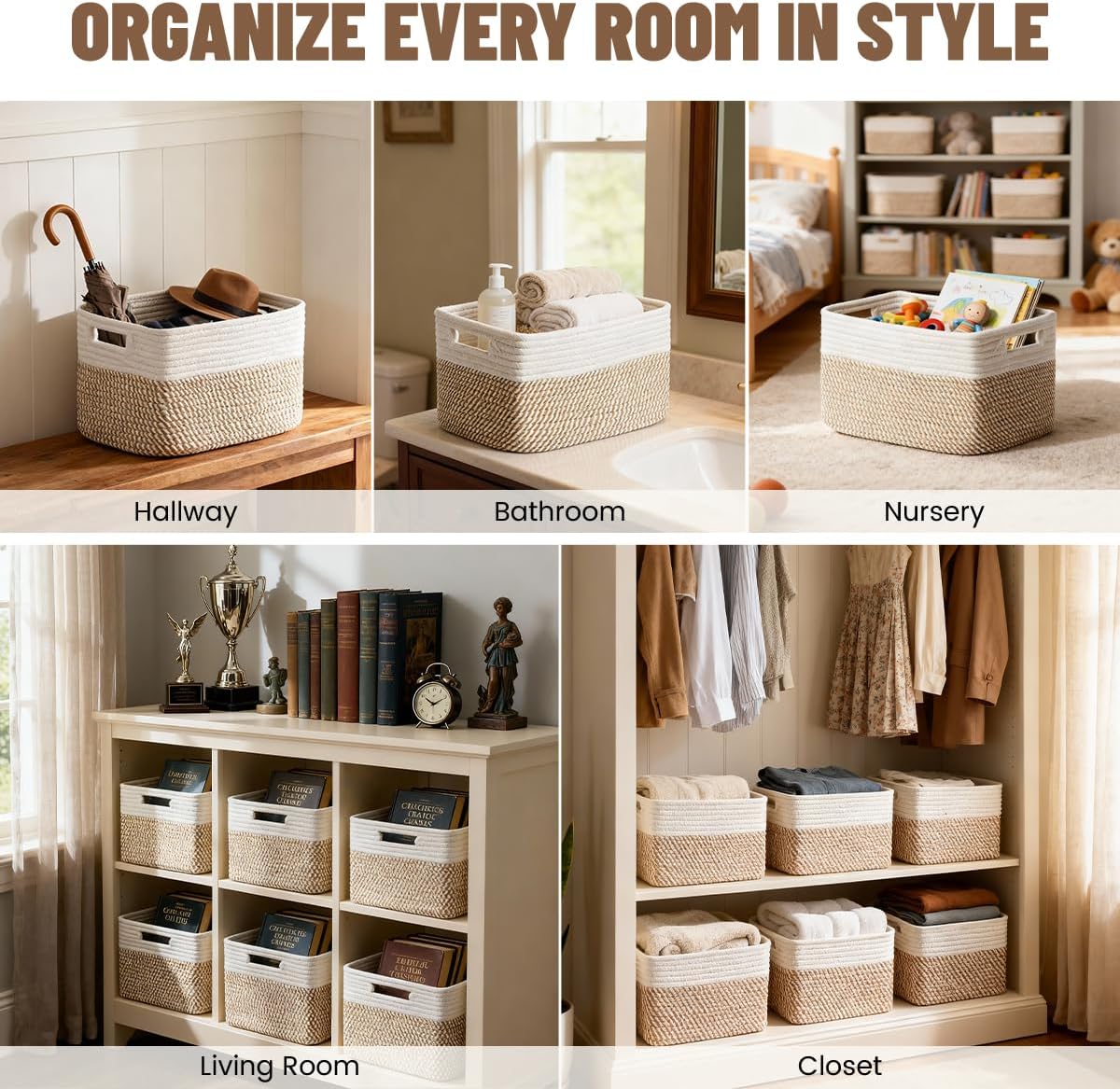 5 Pack Woven Storage Baskets, Decorative Storage Bins for Organizing