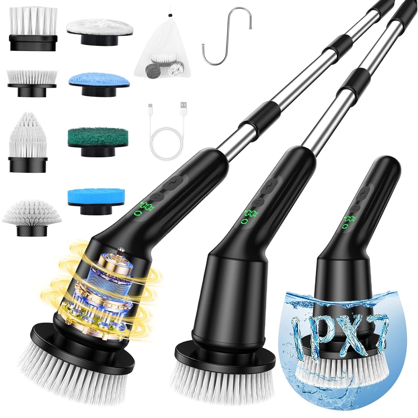 Electric Spin Scrubber for Cleaning Bathroom, Shower Scrubber Cordless Cleaning Brush with IPX7 Waterproof & 2 Speed, 3 Brush Heads, Bathroom Cleaning Supplies for Shower Tub Kitchen Tile Toilet White