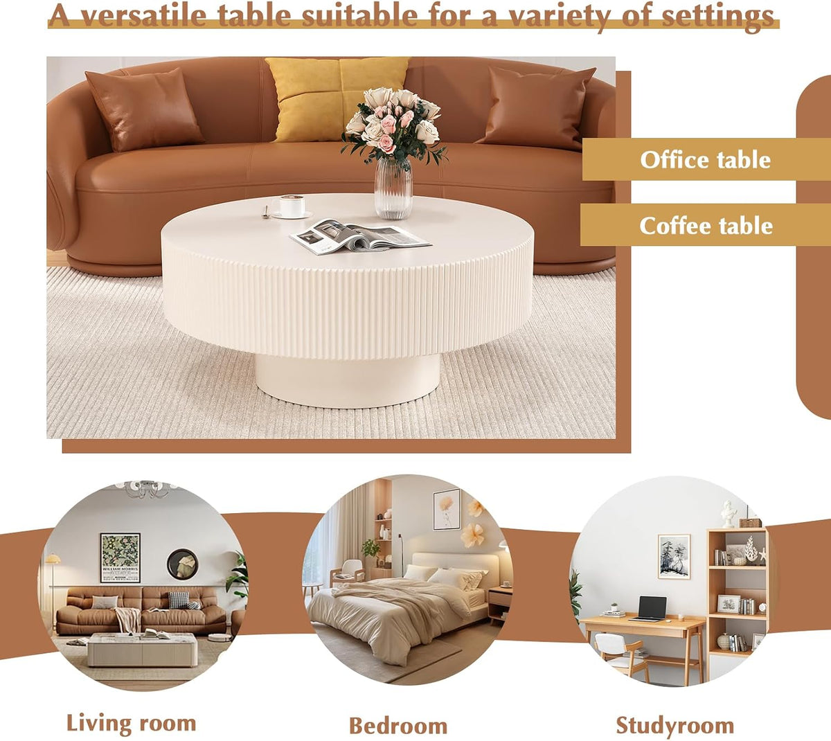 31'' Cream White Round Drum Coffee Table