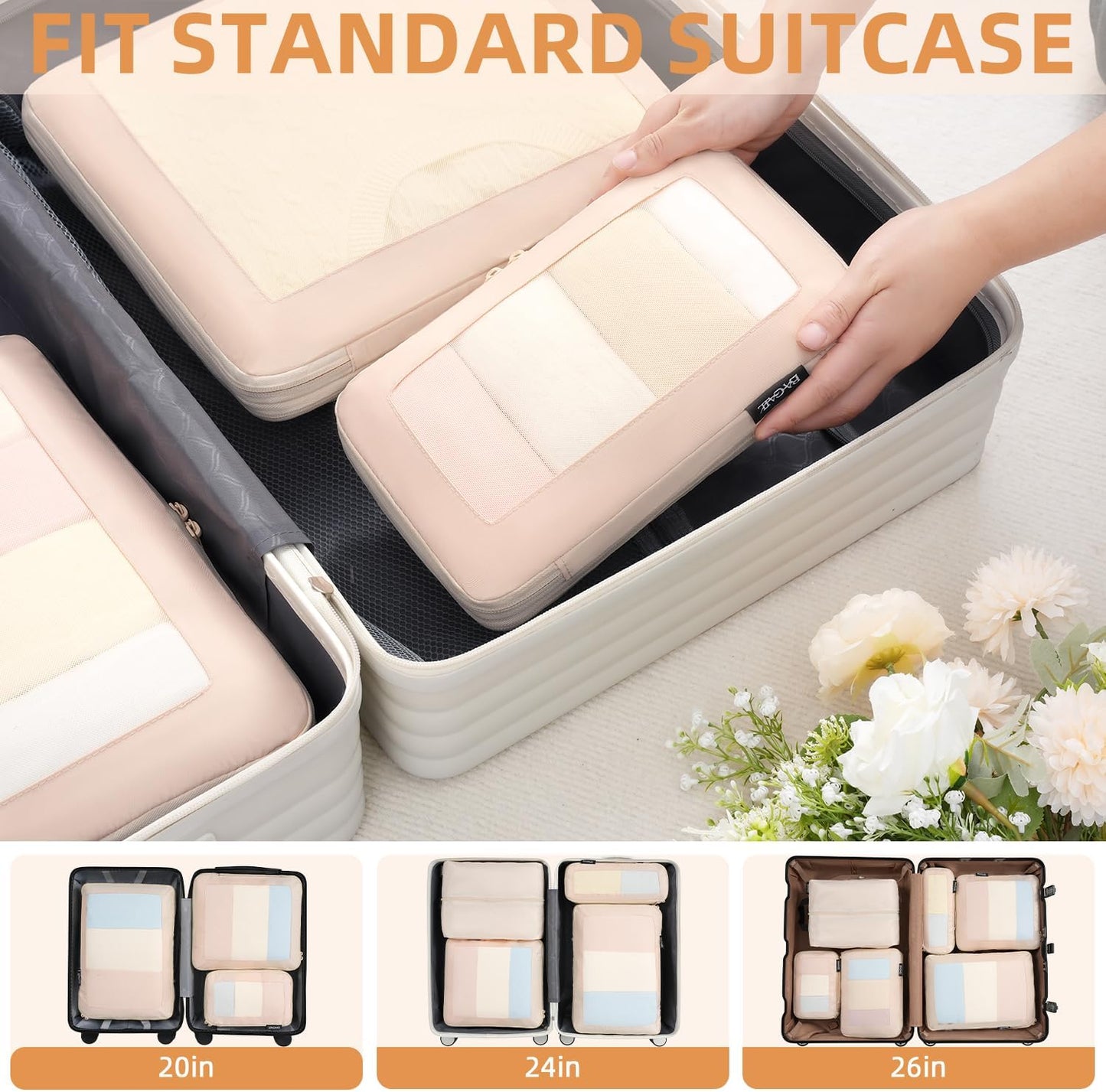 BAGAIL 4 Set/6 Set/8 Set Compression Packing Cubes Travel Accessories Expandable Packing Organizers (Square Mesh, 05-Cream)