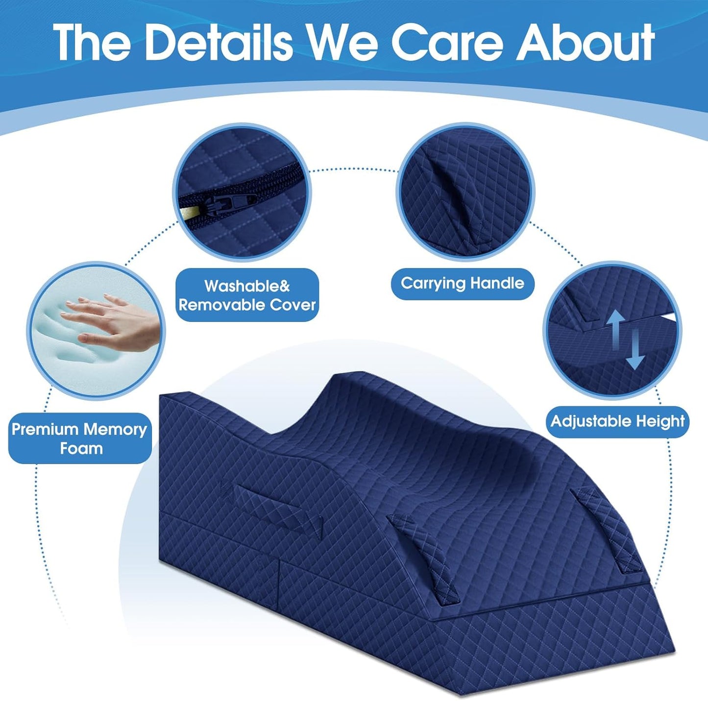 TranquilRelax Elevation Pillows for Leg After Surgery, Memory Foam Adjustable Wedge Pillow for Injury or Rest, Ankle Pillow for Sleeping Blood Circulation, Full-Blue/Single Leg