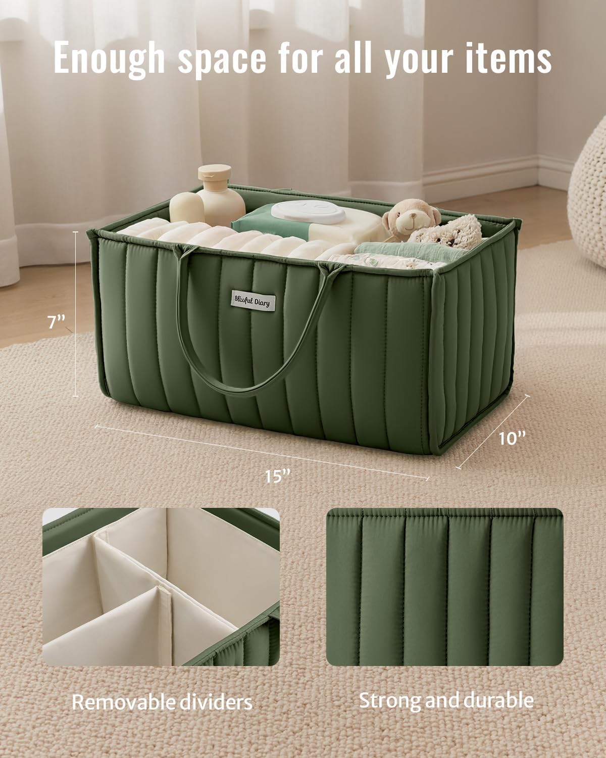 Blissful Diary Baby Diaper Caddy Organizer, Stylish Storage Basket for Newborn Essentials and Diaper Station, Gift for Baby Shower and Registry Must-Have, Deep Green