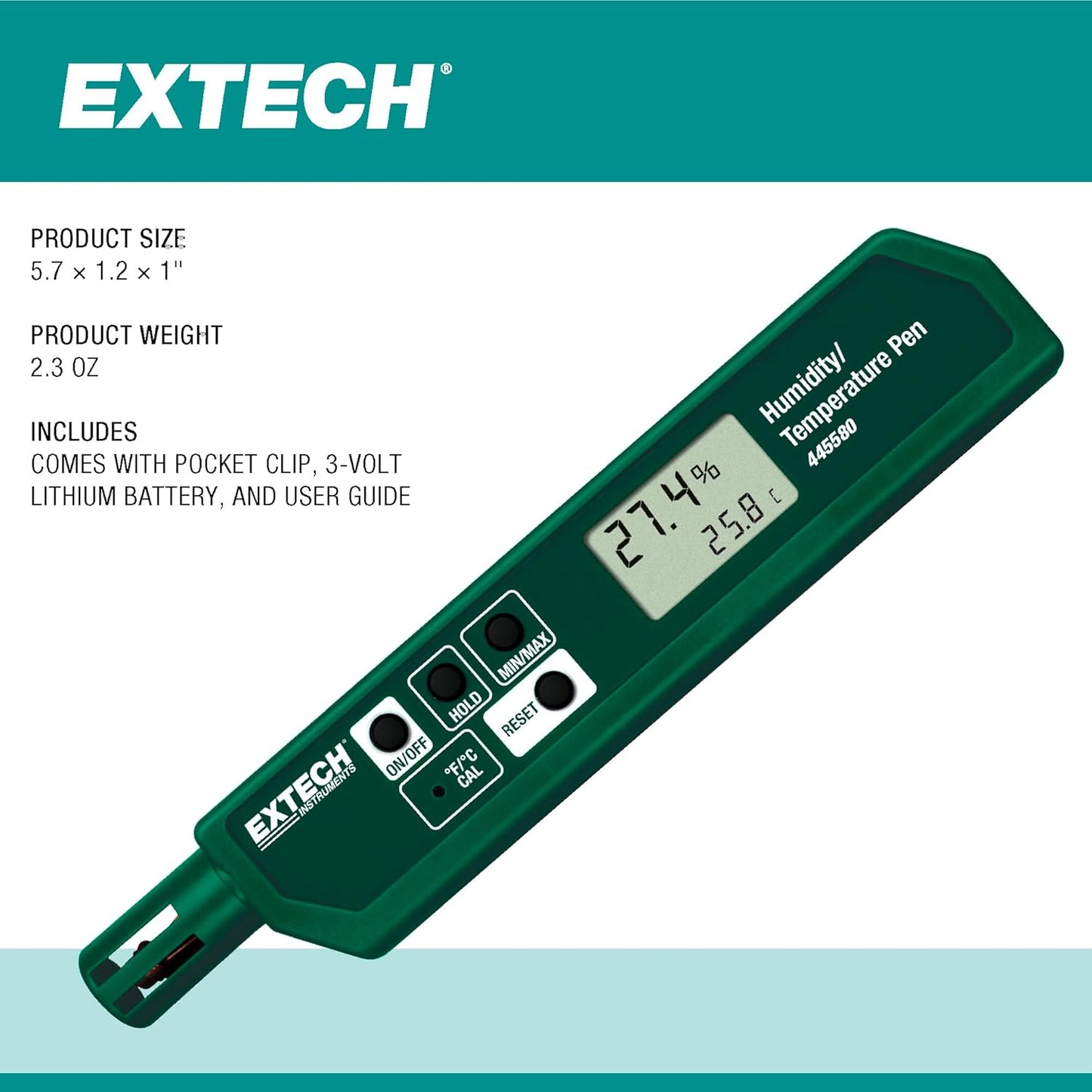 Extech 445580 Humidity and Temperature Pen with Fast Response Sensor, Min/Max Memory, Dual LCD, Pocket-Sized Hygrometer for HVAC, Labs, Storage Rooms, Indoor Air Monitoring