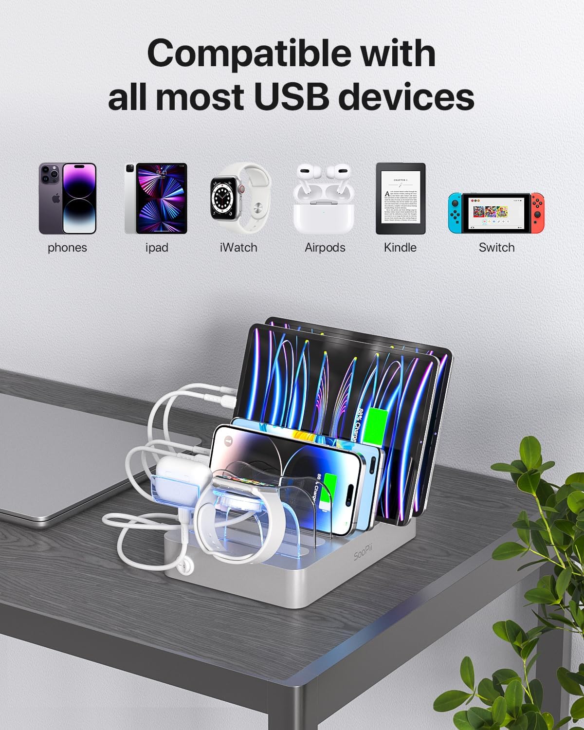 SooPii Premium 6-Port USB Charging Station Organizer for Multiple Devices | Included 6 Short Charging Cables and One Upgraded i-Watch Charger Holder for Phones,Tablets and Other Electronics, Silver