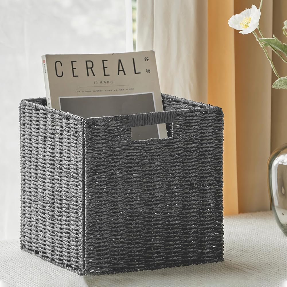 6 Pack 8.7 Inch Wicker Baskets, Paper Rope Storage Baskets | Foldable Cube Storage Bins Organizer Square Wicker Cubes for Shelves Pantry Organizing & Decor (Gray)