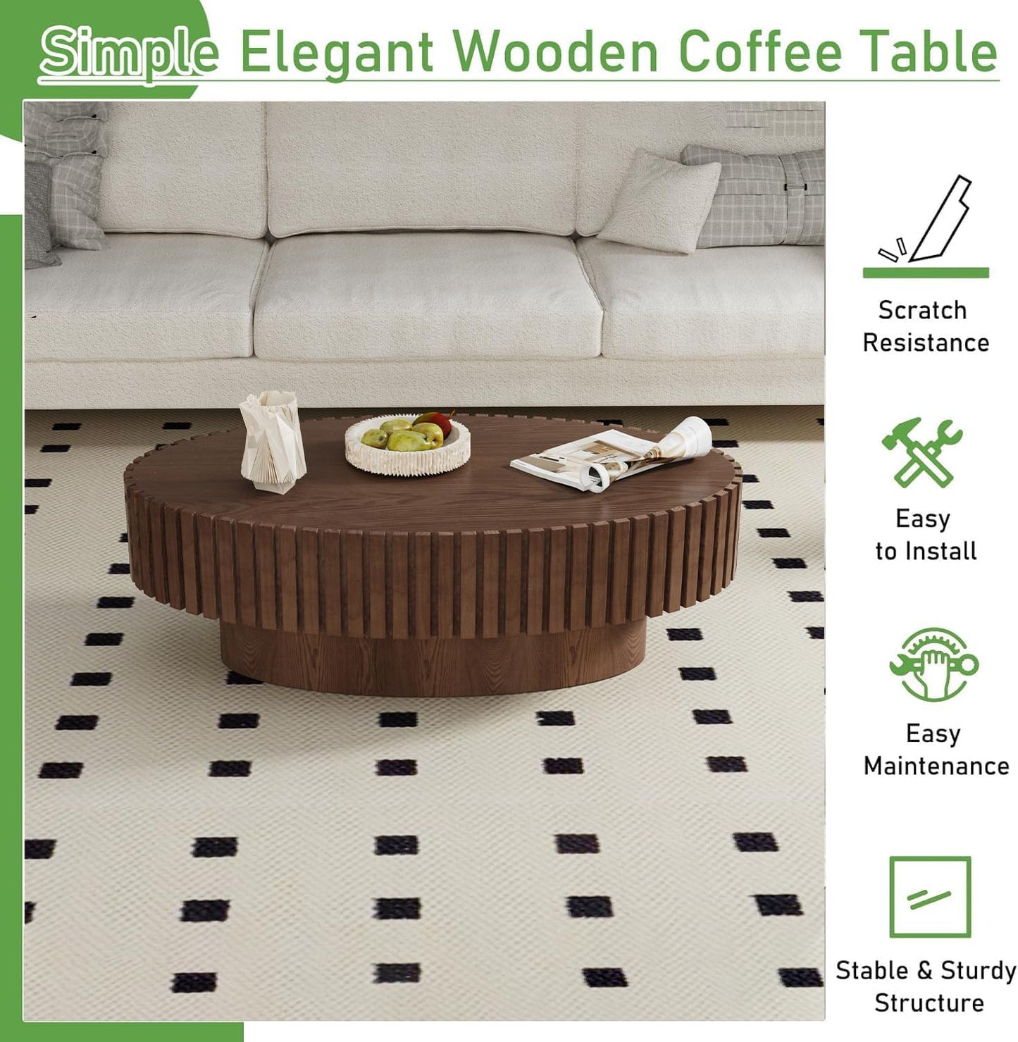 Modern Oval Coffee Table for Living Room (Oval Dark Brown) | Drum Oval Fluted Coffee Table, Pedestal Center Table for Office Patio