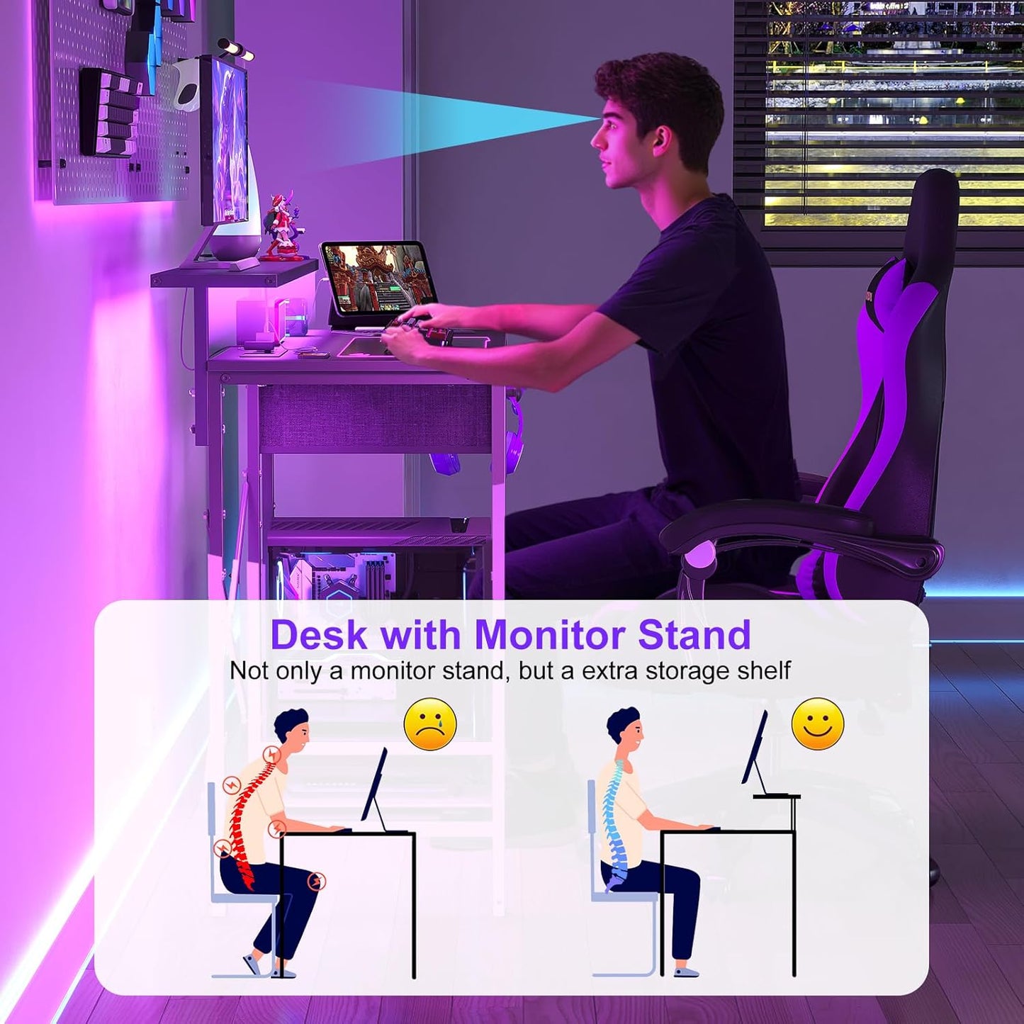 X-cosrack 33.5" Small Gaming Desk with LED Lights & Long Monitor Stand, Compact Computer Desk with Power Outlets & CPU Stand, Gamer Table with Storage Drawer for Home Office, Bedroom Corner, Black