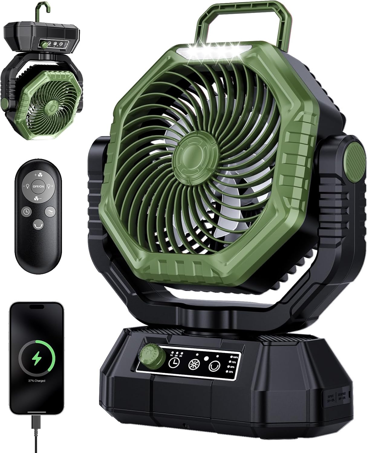 AJVV Camping Fan, Oscillating Battery Powered Portable Rechargeable Hanging Tent Fan with Light and Remote for Camp, Outdoor, Emergency Power Outage, Fishing, RV Travel, Green