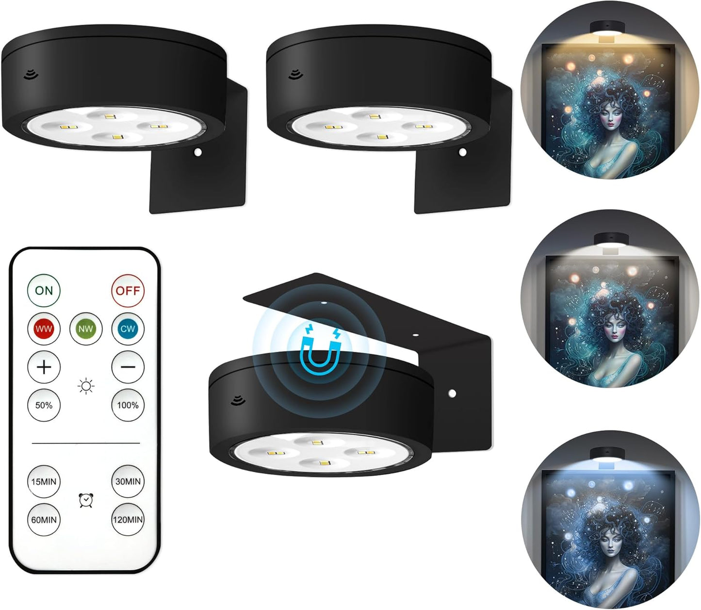 3Pcs Picture Lights for Wall Battery Operated, Magnetic Led Painting Light with Remote Dimmable and Timer, 3 Lighting Modes Art Display Light for Picture Frame, Wireless Wall Decor Puck Lights, Black