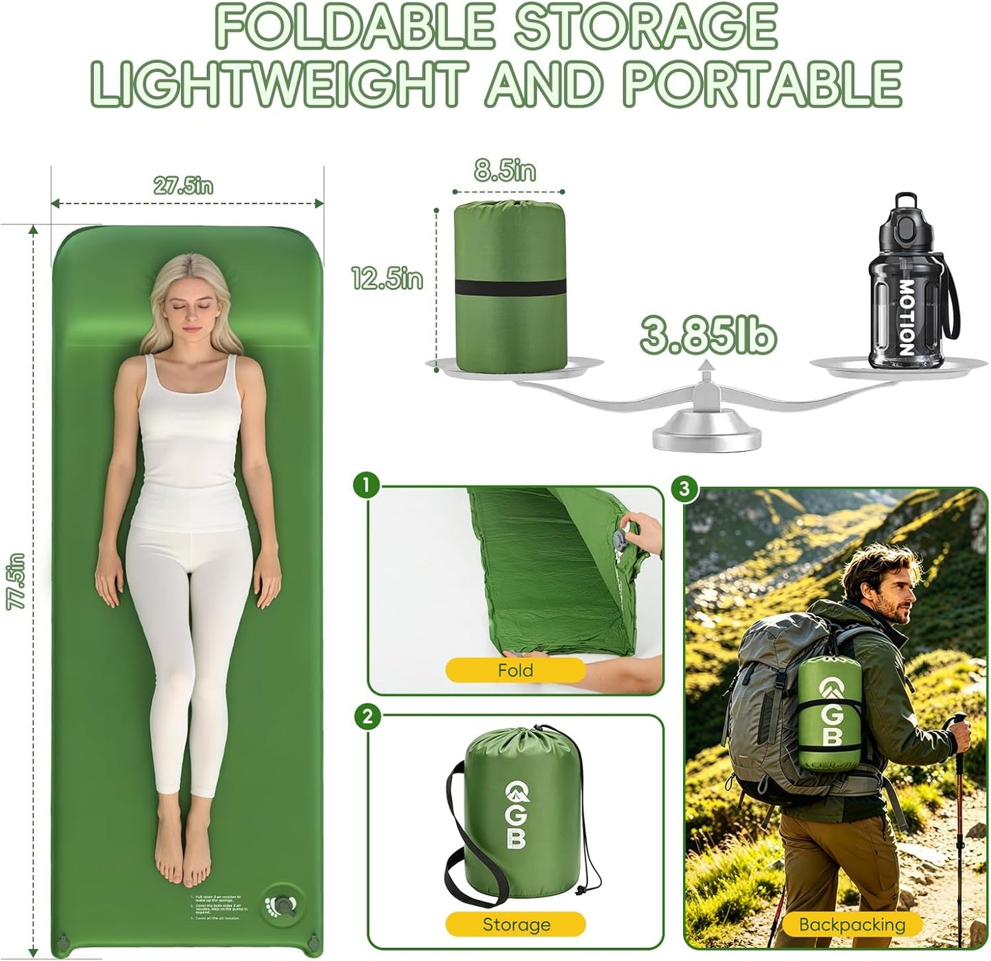 Memory Foam Camping Sleeping Pad, Foldable and Portable Self-Inflating Camping Mattress Pad, 9.5 R-Value Insulated & Quiet Sleeping Mat with Pillow, Compact for Backpacking Hiking Car Traveling Tent