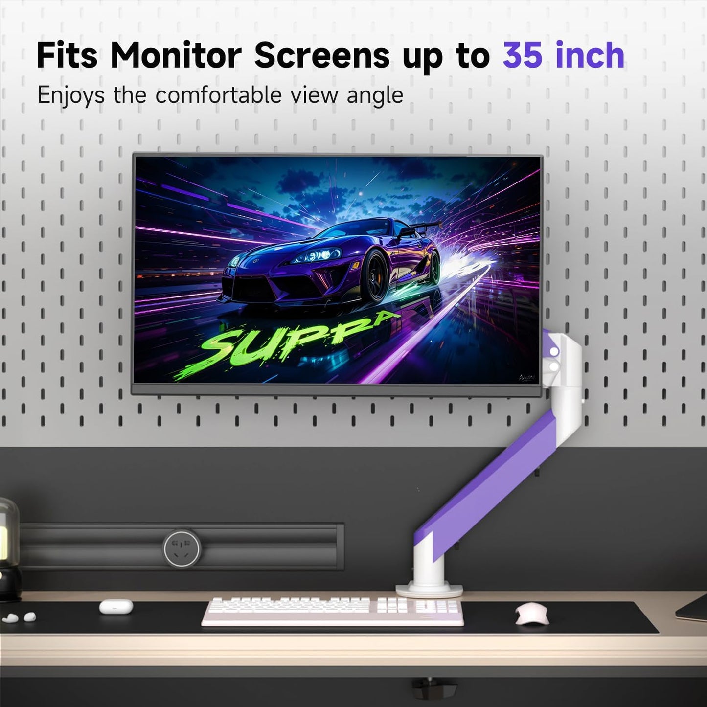 Suptek Monitor Mount Gas Spring Monitor Arm Desk Mount Fully Adjustable Fits 17 20 22 23 24 26 27 32 35 inch Monitors Weight Capacity up to 24.25 lbs (White+Purple, 17"-35")