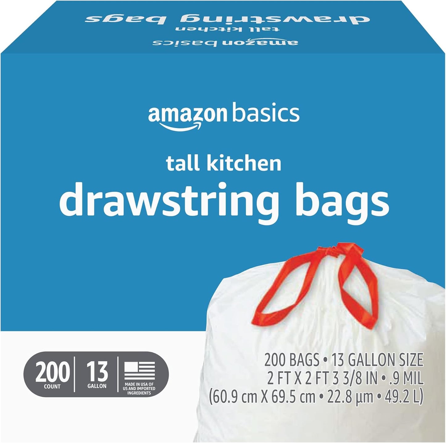 Amazon Basics Tall Kitchen Drawstring Trash Bags, Sturdy and Tear Resistant, 13 Gallon, Unscented, 120 Count