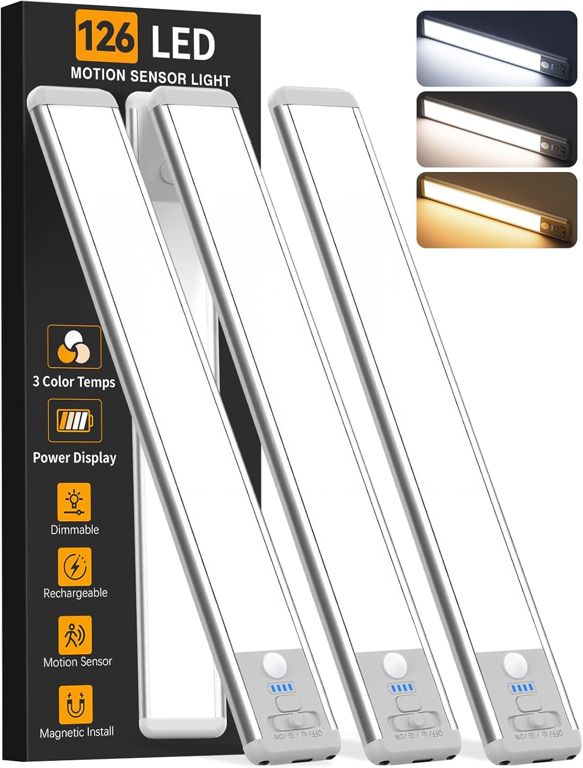 Under Cabinet Lighting Wireless, Rechargeable 10inch Motion Sensor Light Indoor, 3 Color Closet Light Battery Operated with LED Power Display, Magnetic Under Counter Lights for Kitchen (3Pack-Black)