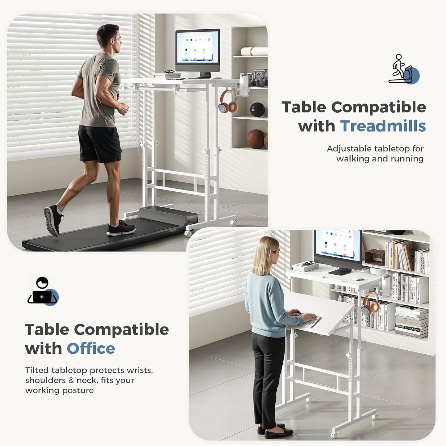 DUMOS Split Top Rolling Standing Desk 23.6 Inch Mobile Laptop Workstation Manual Height Adjustable Sit Stand Office Table Walking Pad Study Surface Portable Home Office Computer Cart White