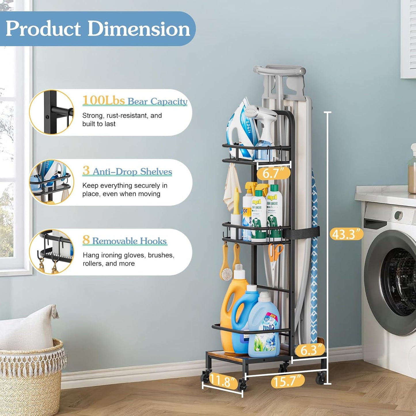 Ironing Board Hanger,Iron and Ironing Board Holder No Wall Mount,Laundry Room Organization and Storage Cart with Iron Stand,Narrow Laundry Shelves Organizer Cabinet,Laundry Room Essentials Accessories