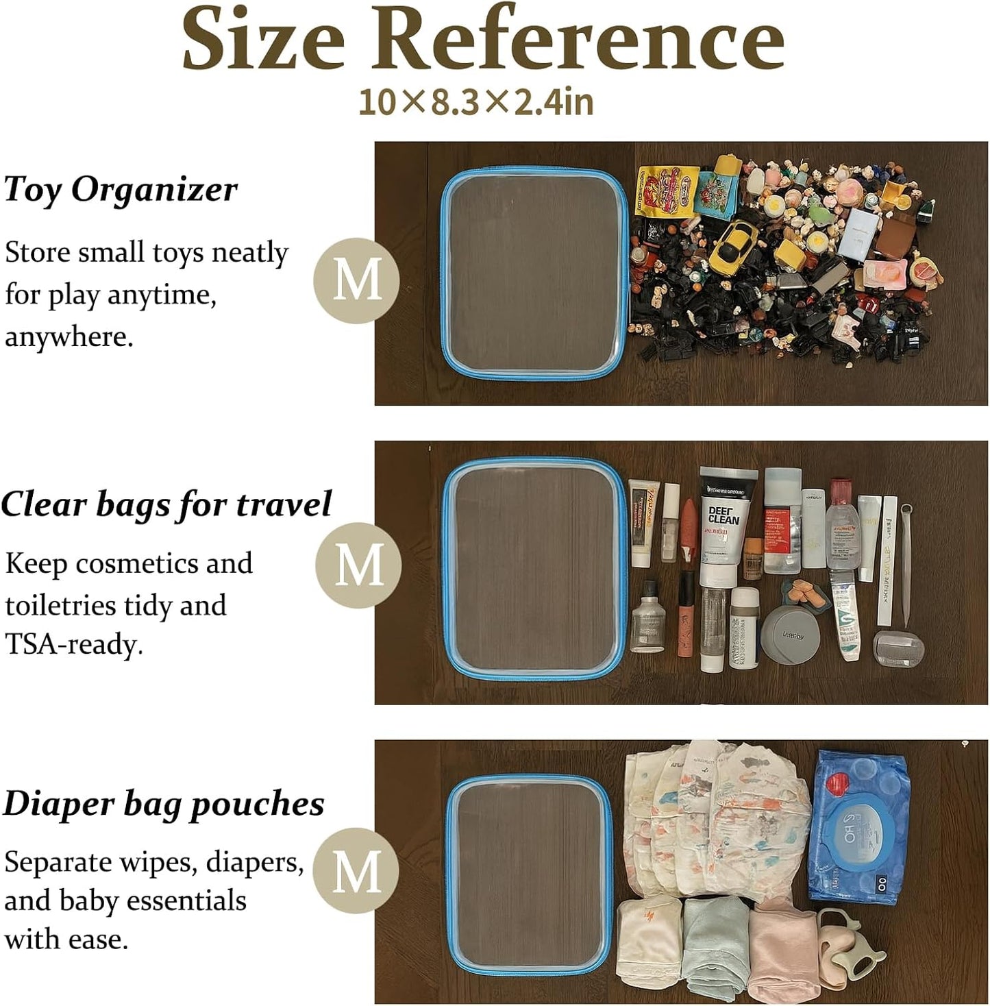4 pcs Clear Zipper Pouches,Hard Shell Zipper Case, Toiletry Bag for Travel, CLear Diaper Bag, Toiletry Pouch, Travel Organizer, Cosmetic Bag,Toy Storage Bins (M+3S) (Blue)