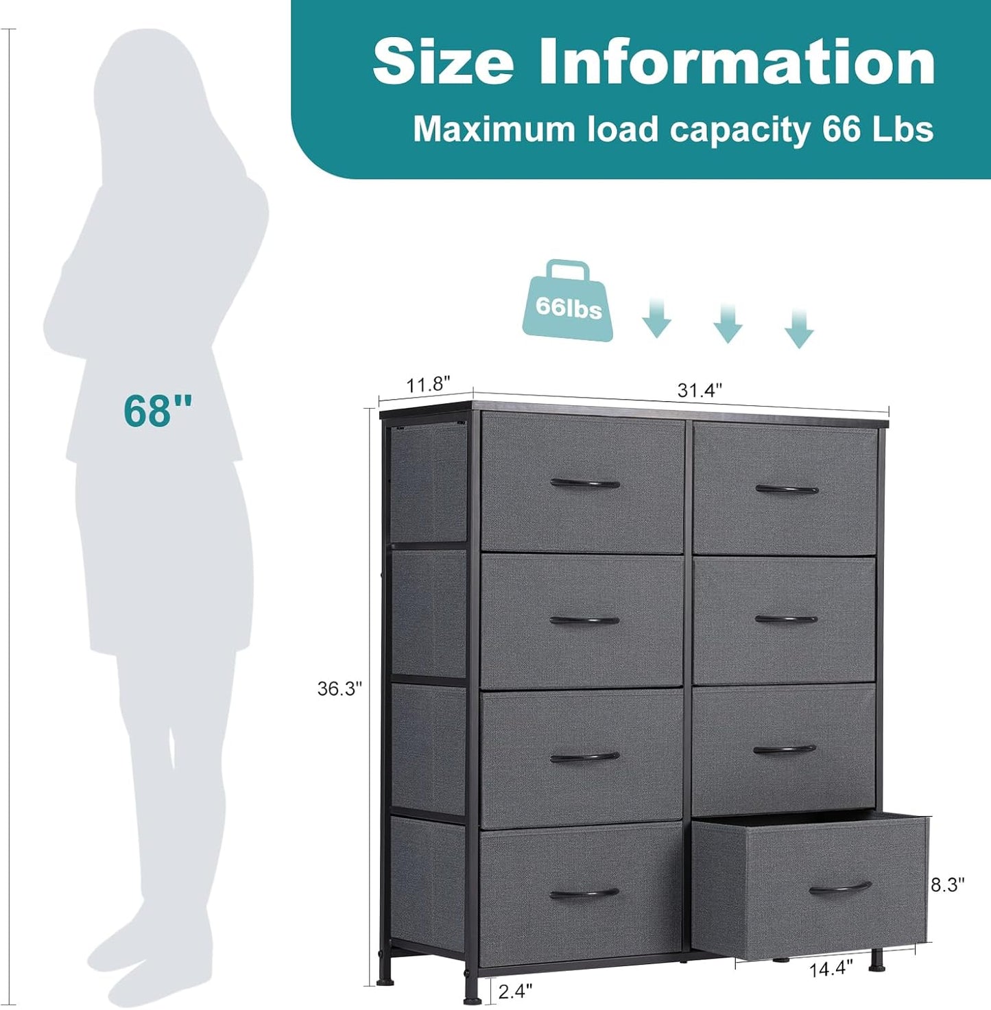 OLIXIS 8 Drawer Storage Dresser with Wood Top - Wide Fabric Chest Organizer for Bedroom, Closet, Living Room,Tower Cabinet, TV Stand, Hallway Entryway Furniture,Grey