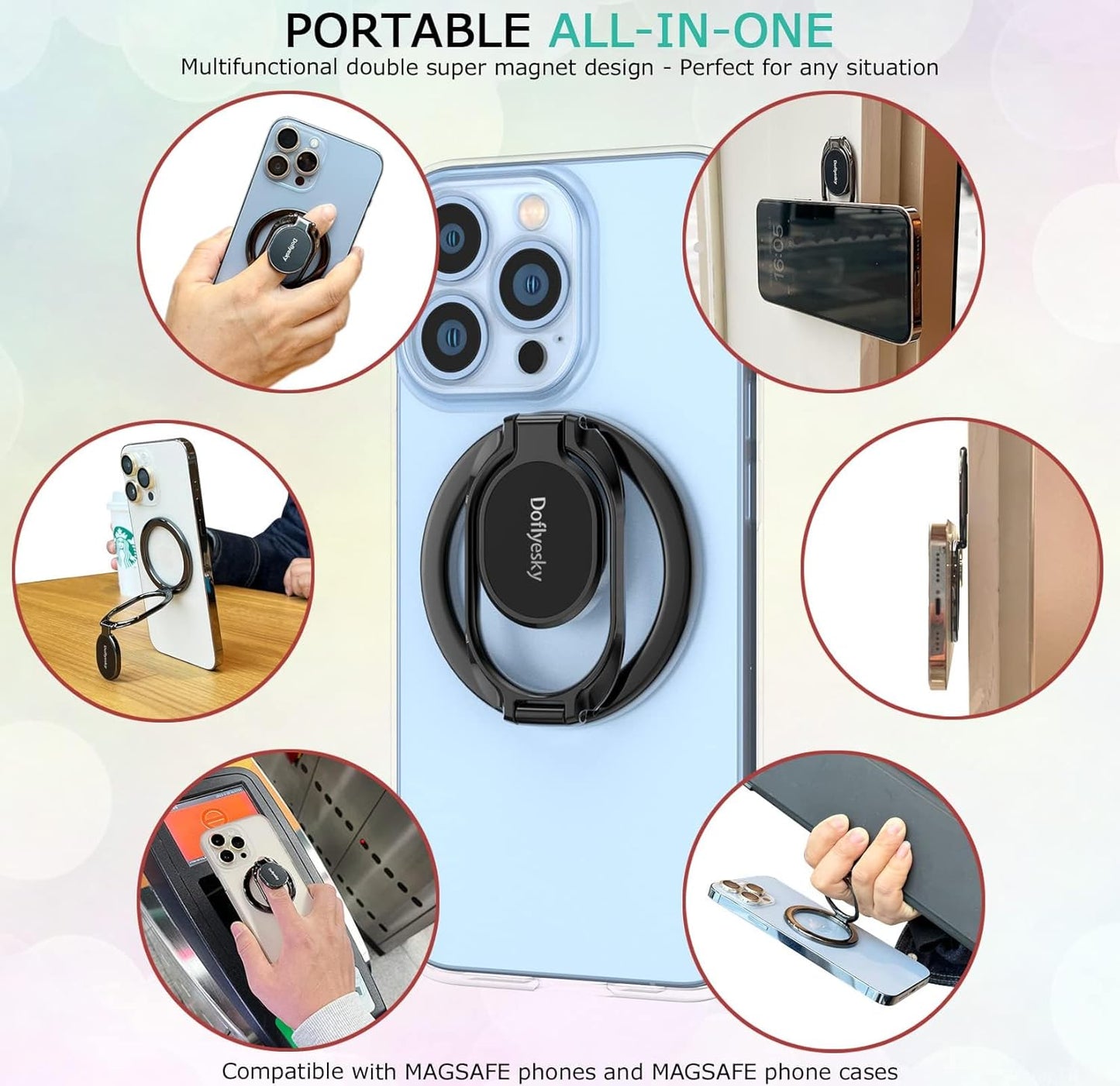 Doflyesky Magnetic Phone Ring Holder with Magsafe, Double Adjustable Gym Finger Ring Grip, Removable Phone Grip, for iPhone, iPad and Smartphones, Compatible with Magnetic Car Mount (Colorful)