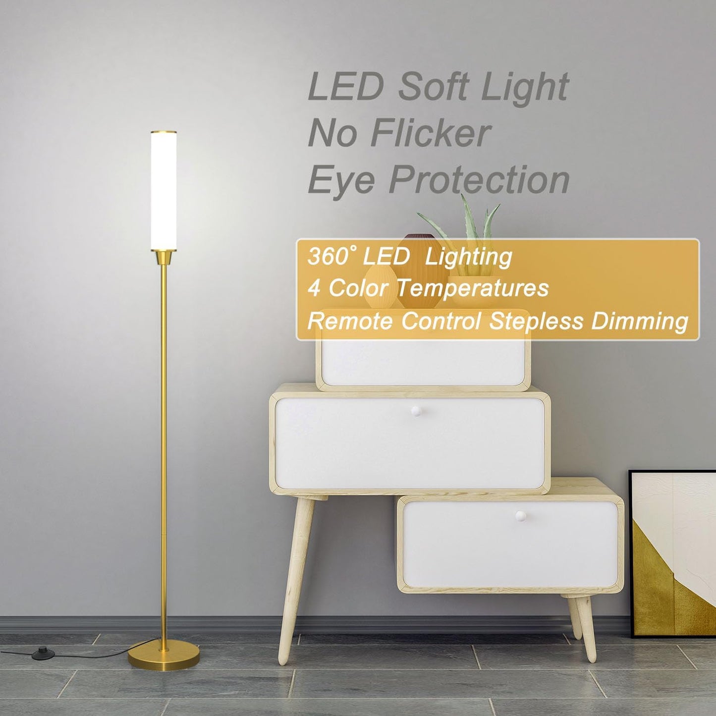 Nukanu Floor Lamp with Remote Control,Bright Floor Lamps for Living Room/Bedroom/Office, Stepless Adjustable 3000K-6000K Colors and 10-100% Brightness,Standing Light with Foot Switch (Brass Gold)