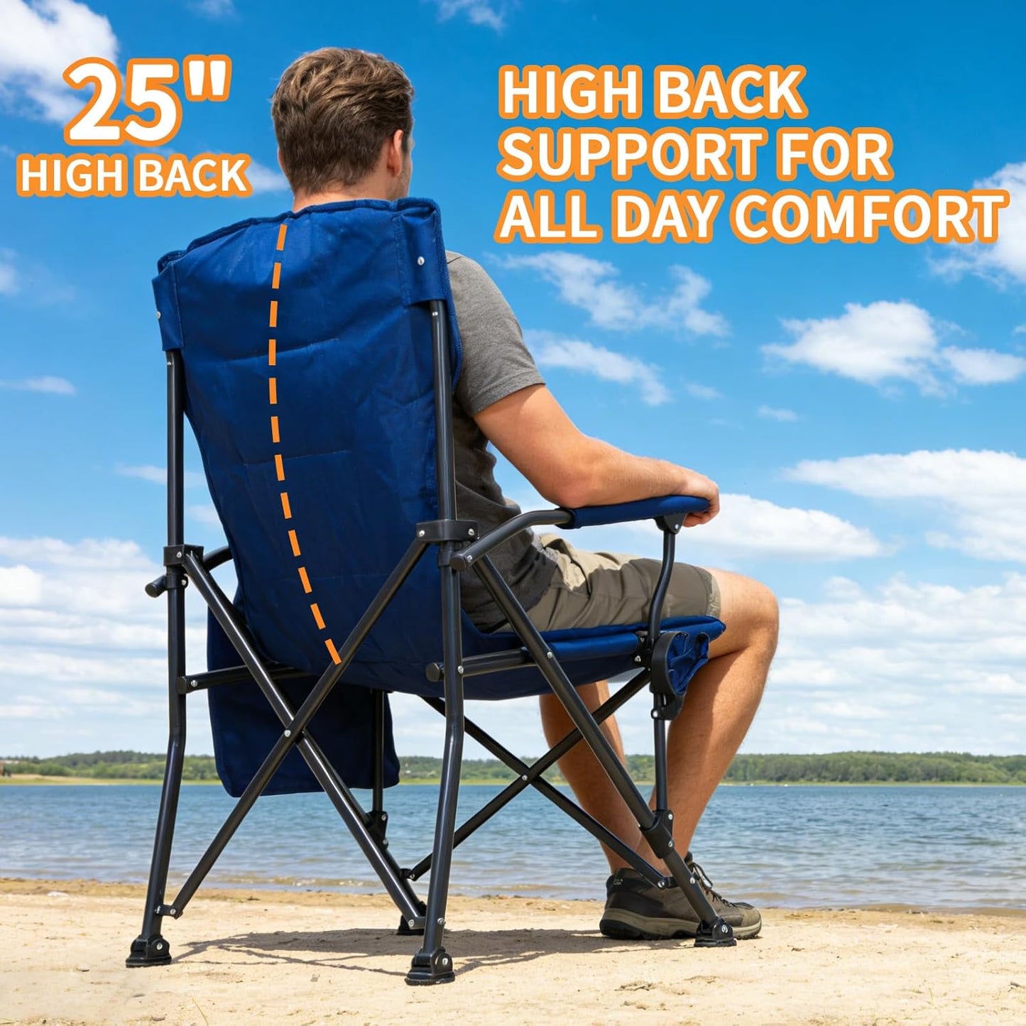 Romswi Oversized Camping Chairs 2 Pack, 500 LBS Heavy Duty Folding Lawn Chairs with Hard Armrests, Wide Seat Outdoor Chairs with Cup Holder & Side Pocket for Camping Beach Sports Backyard