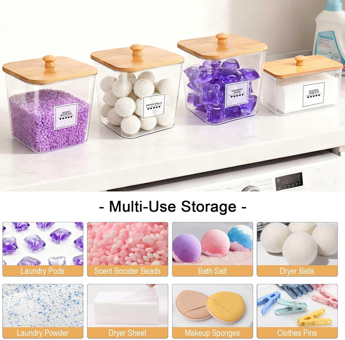 4 Pack Laundry Pods Container and Dryer Sheet Holder with Bamboo Lids, Laundry Room Organization Set with Labels and Scoops for Detergent Powder, Scent Booster Beads, 2600 +2000ml/0.53+0.7gal