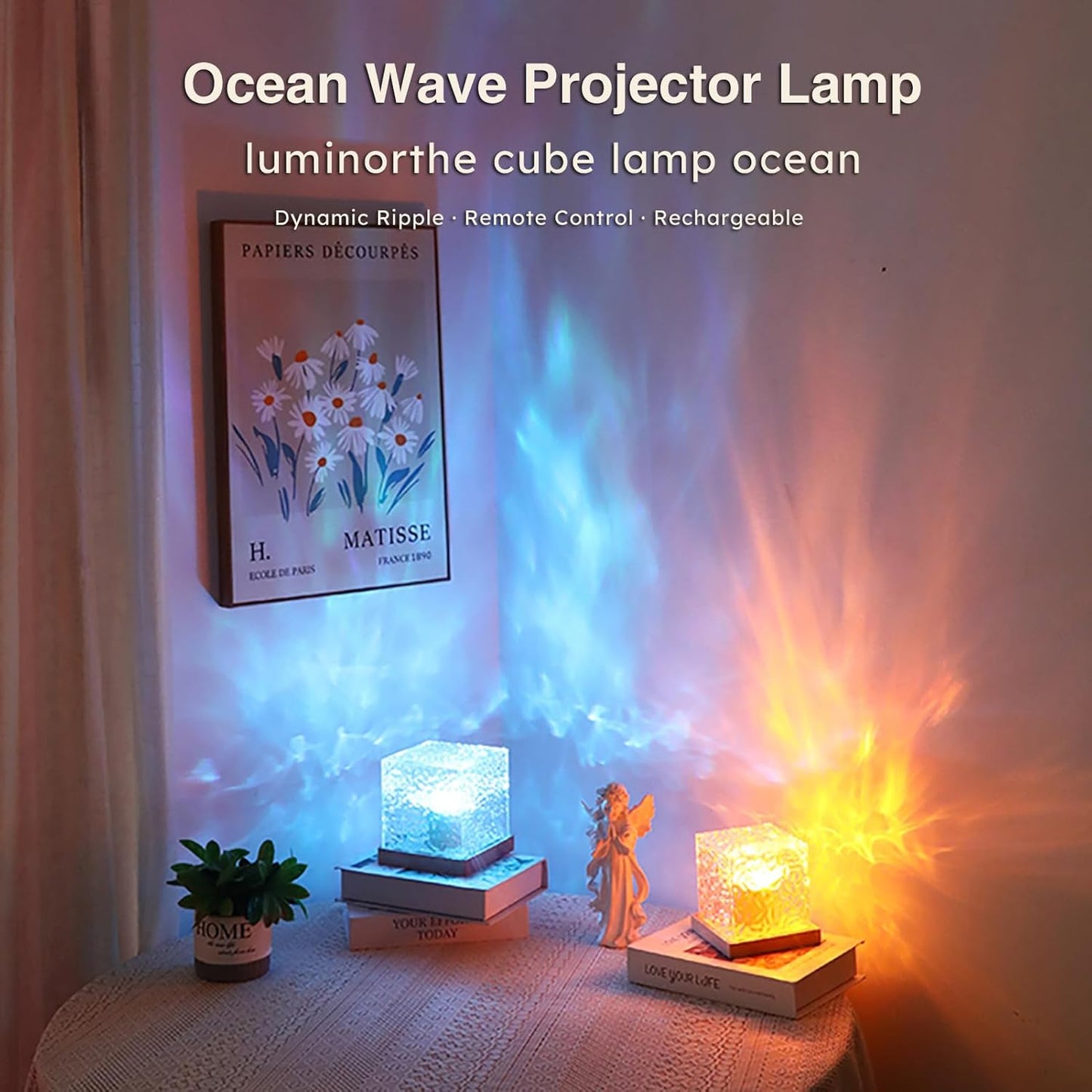 Ocean Wave Projector Light, 16 Colors Havie Cube Lamp, 3D Holographic Water Ripple Lamp with Remote Control, Northern Night Light for Bedroom, Mood Ambient Lighting for Home