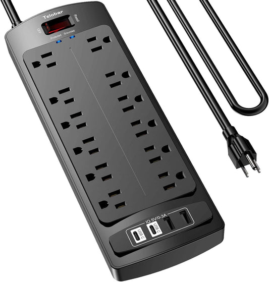 6 Ft Extension Cord Power Strip, Teiobar Surge Protector with 12 AC Outlets and 4 USB Ports for Home, Office, Dorm Essentials, 2700 Joules, ETL Listed, Black